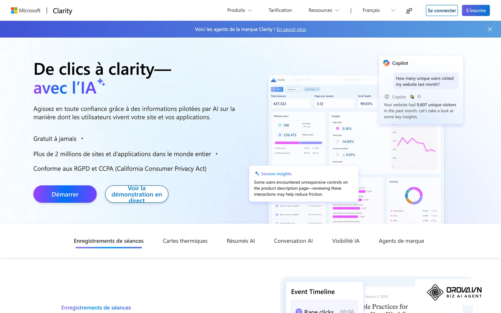 Microsoft Clarity propose cartes thermiques et enregistrements de session pour comprendre le comportement des visiteurs.