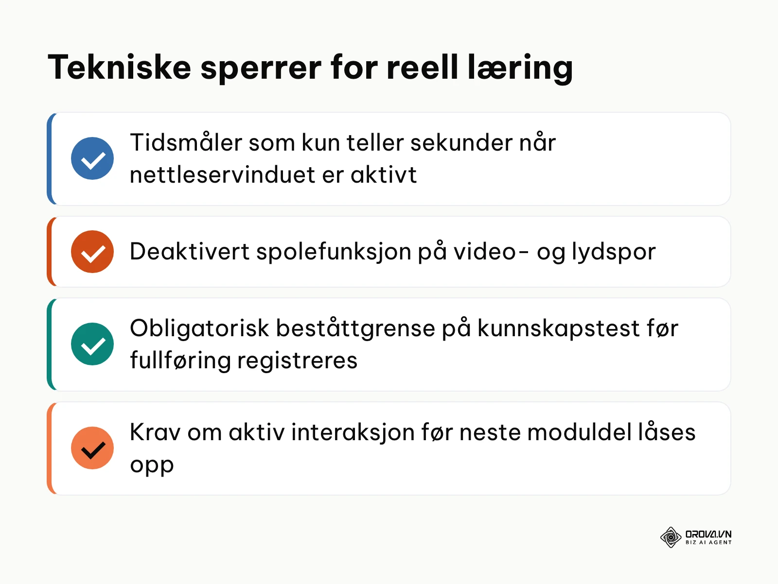 Oppsummering av fire tekniske kontrollmekanismer mot passiv kursgjennomføring.