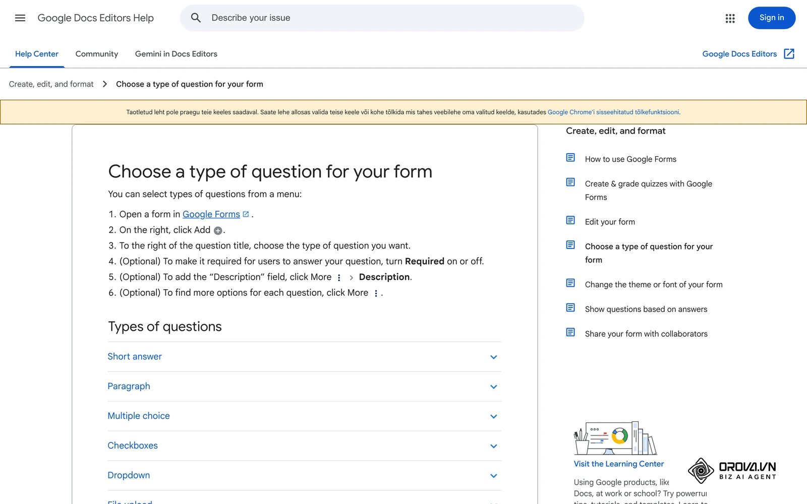 Google Formsi ametlik abileht küsimuse tüübi valimise kohta (Linear scale, Paragraph, Multiple choice jt), mida kasutad näidisankeedi sisestamisel.