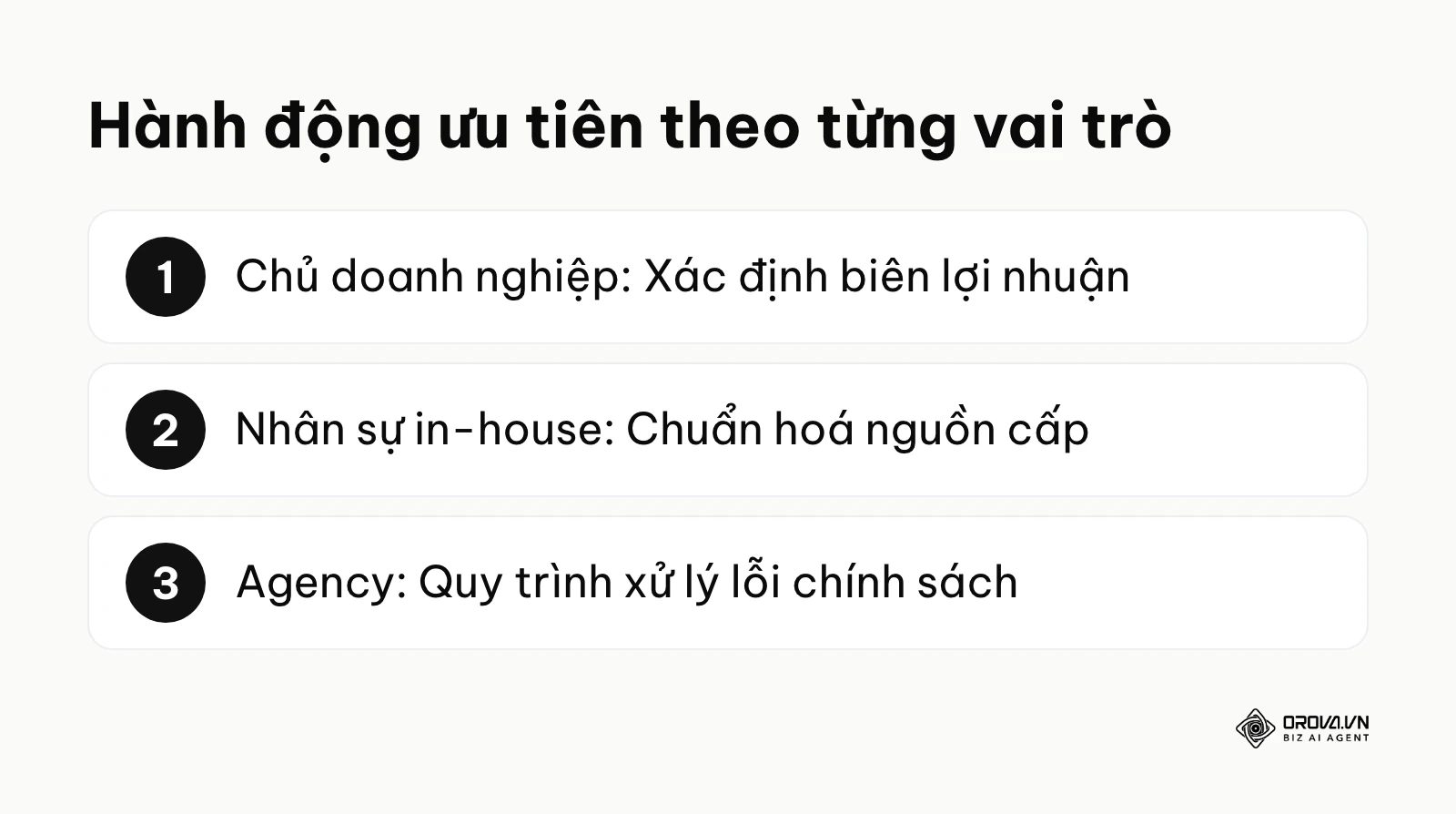 Danh sách các việc cần làm ngay tương ứng với từng cấp độ nhân sự tham gia vận hành.
