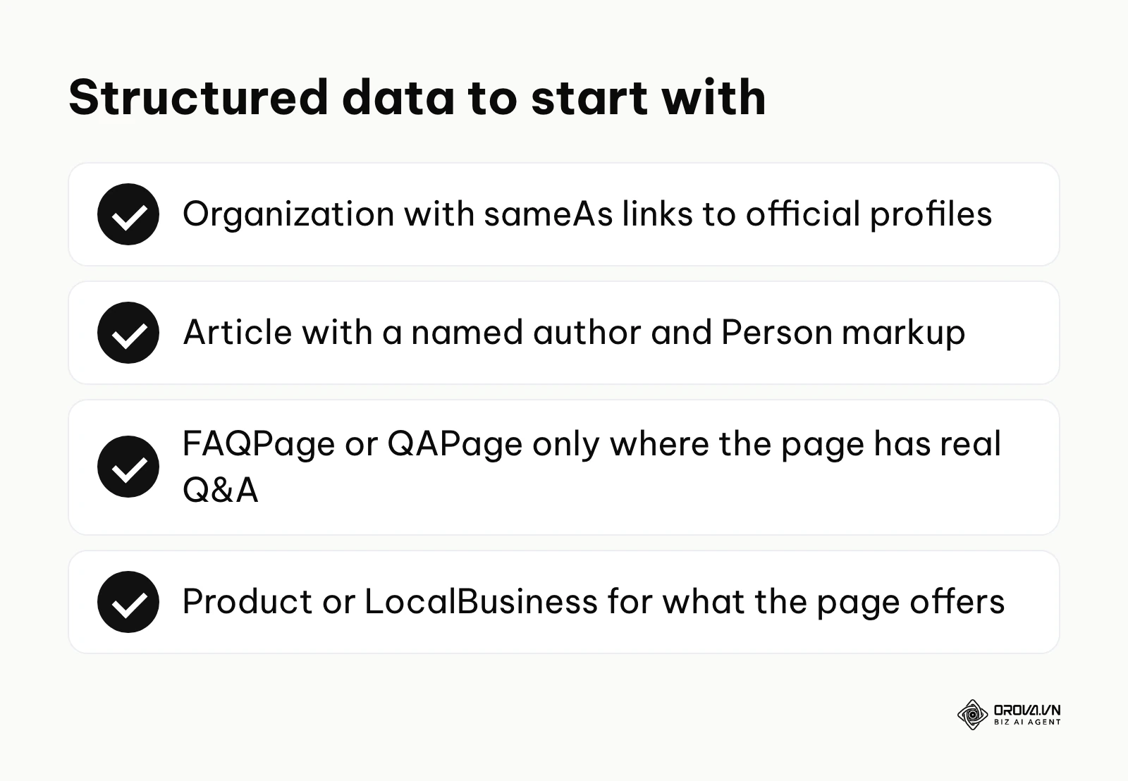 Checklist of structured data types to start with when optimizing for AI answers.