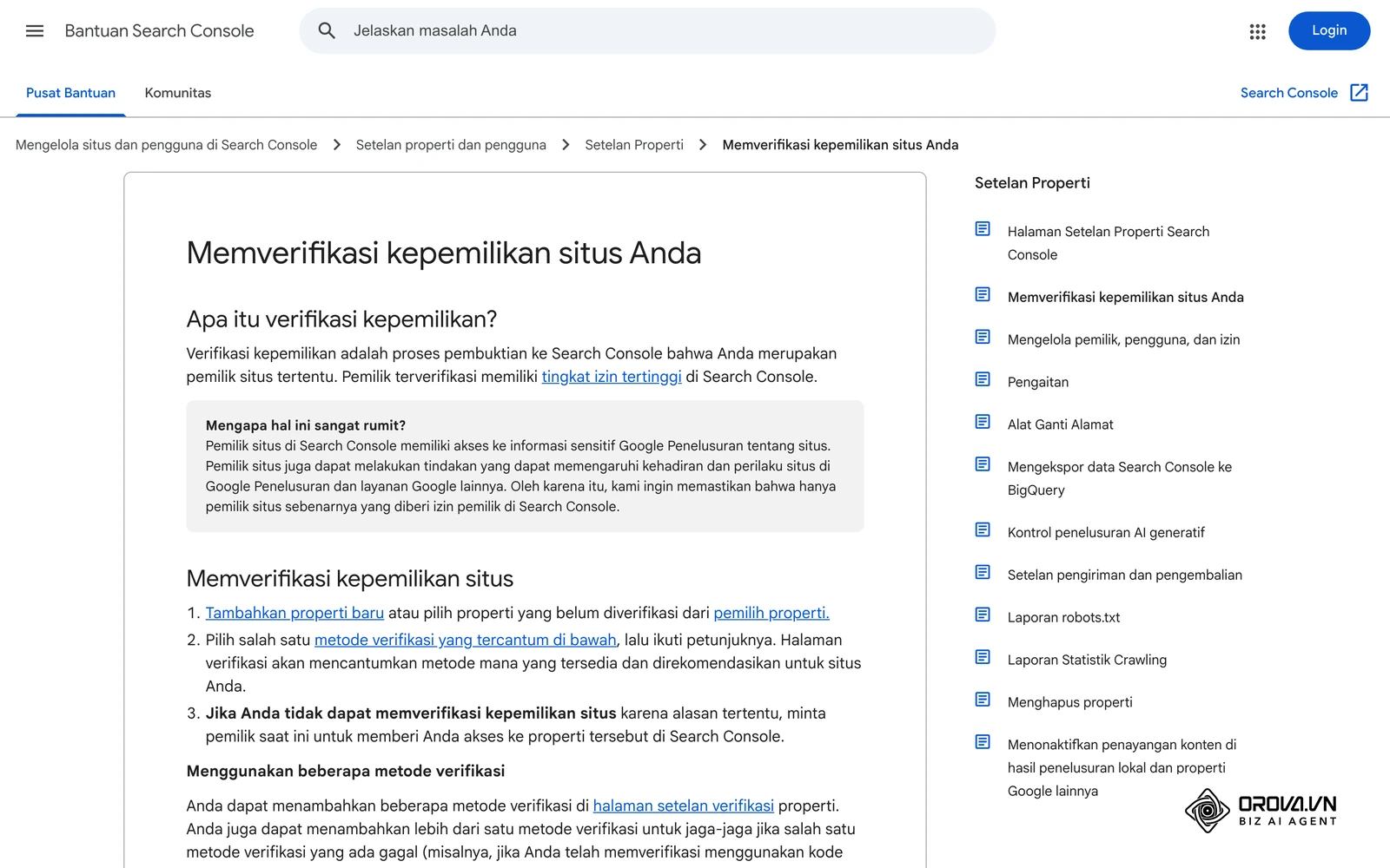 Halaman bantuan rasmi Google tentang cara mengesahkan pemilikan sifat dalam Search Console, termasuk kaedah rekod DNS.