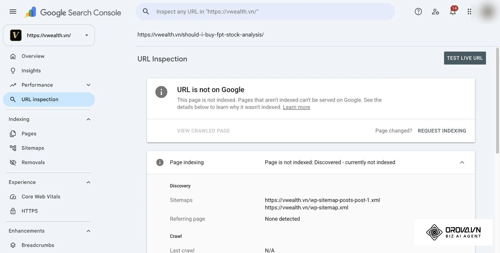 Công cụ Kiểm tra URL trong Google Search Console báo trang của vwealth.vn ở trạng thái Đã phát hiện - hiện chưa lập chỉ mục, không có trang giới thiệu