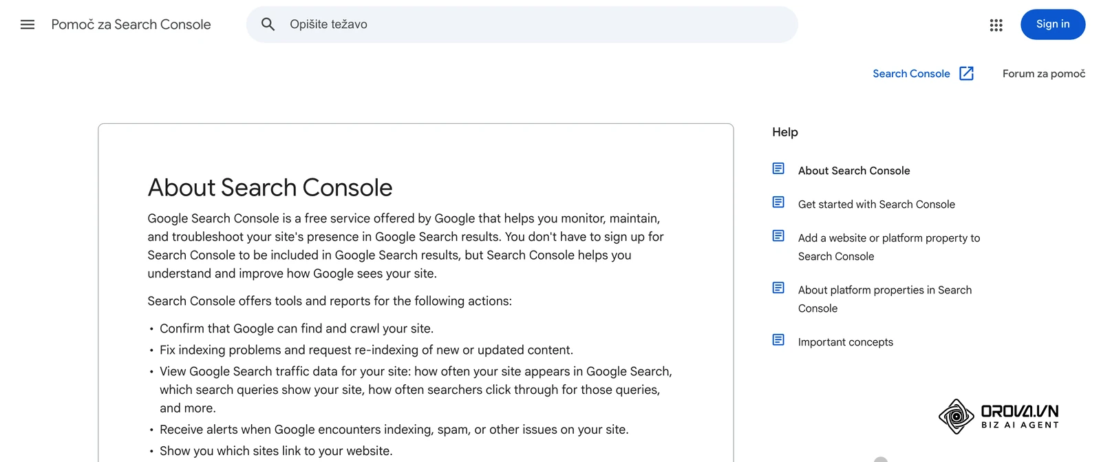 Googlova stran pomoči About Search Console v Pomoči za Search Console s seznamom orodij in poročil v Search Console