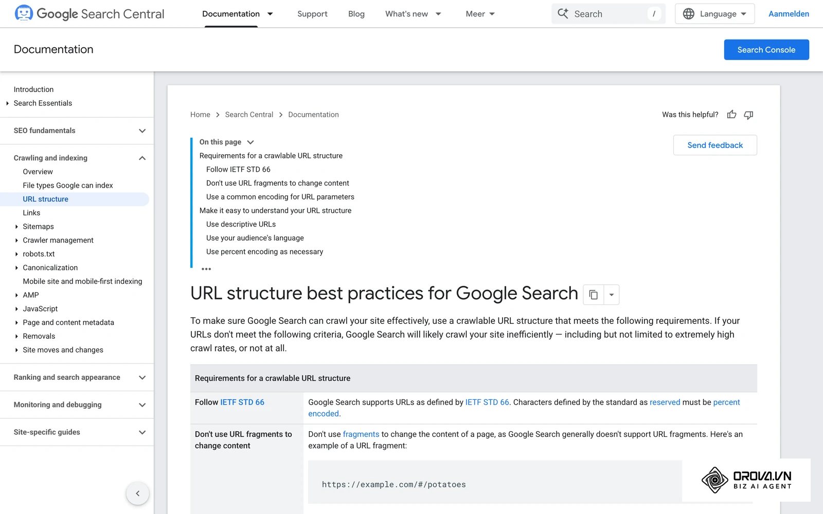 Documentatie van Google Search Central over URL-structuur: crawlbare URL's, geen fragmenten om inhoud te wisselen en koppeltekens tussen woorden.
