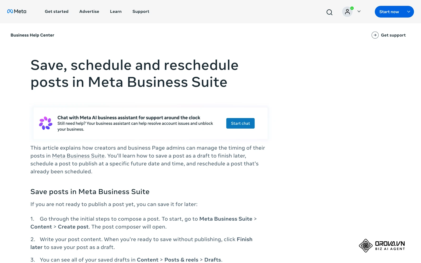 Opisyal na help page ng Meta kung paano mag-save, mag-iskedyul, at mag-reschedule ng post sa Meta Business Suite.