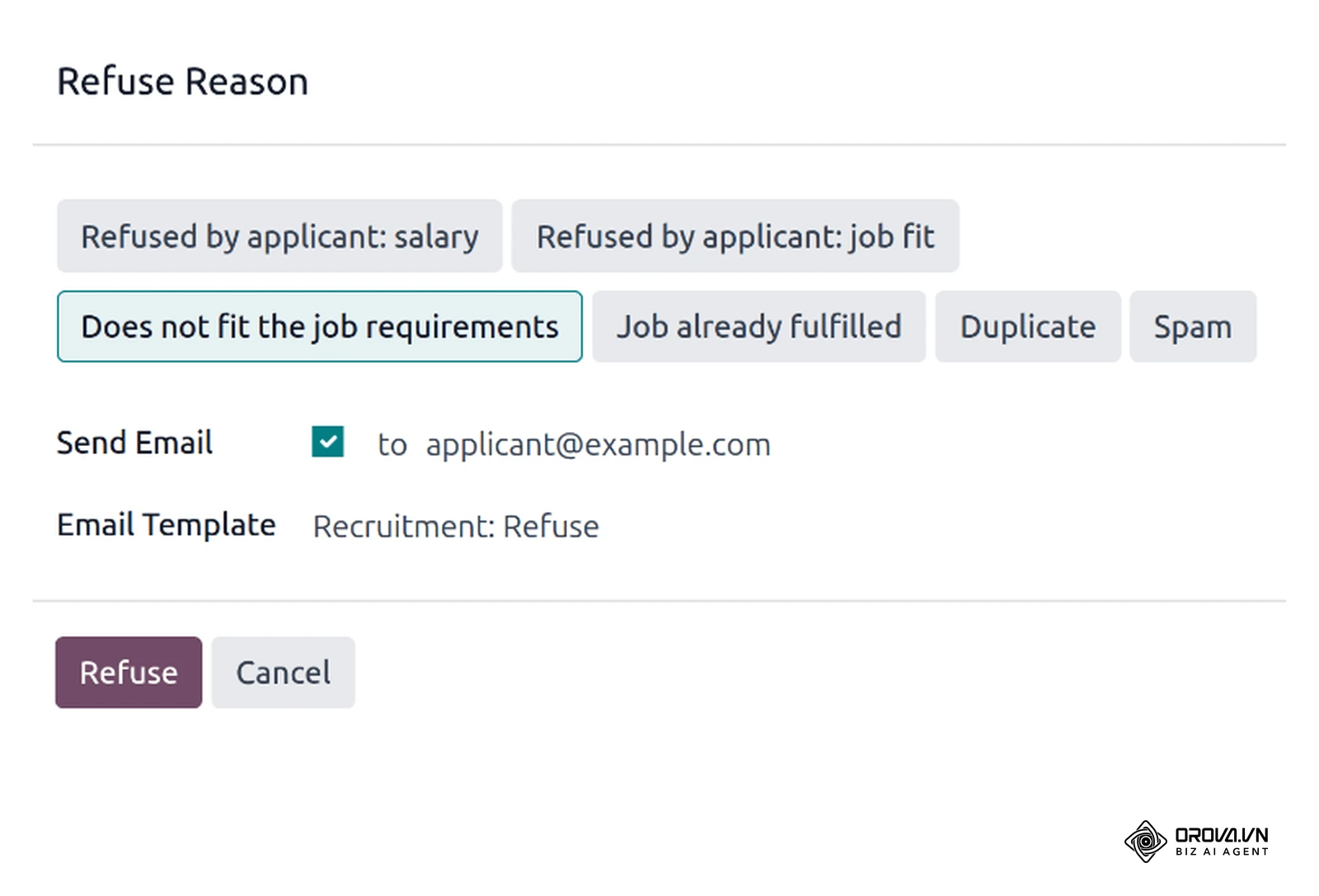 Janela de motivo de recusa no Odoo Recrutamento, com motivo registrado e e-mail de retorno ao candidato (documentação oficial).
