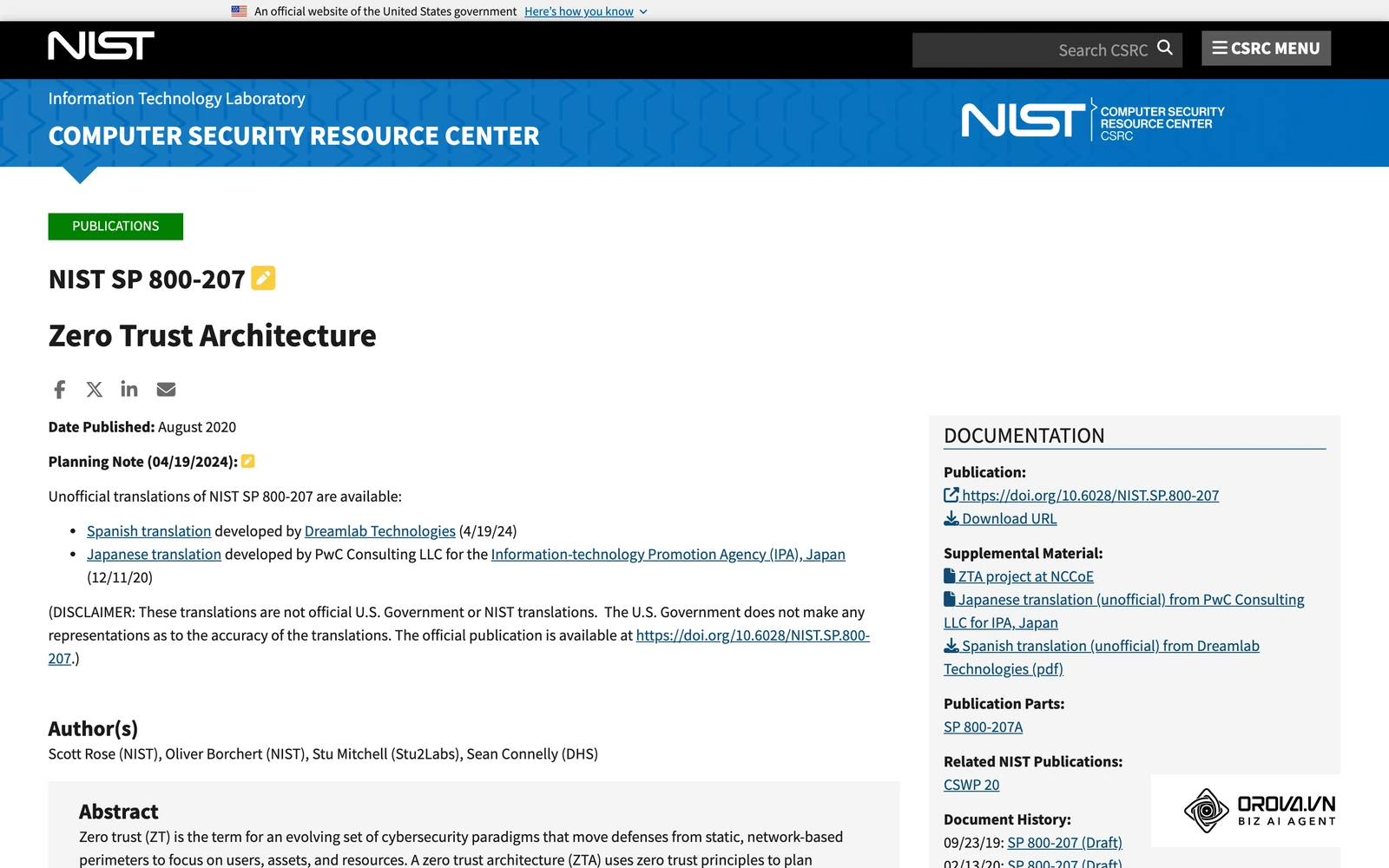 美國國家標準與技術研究院(NIST)SP 800-207 零信任架構文件頁面。