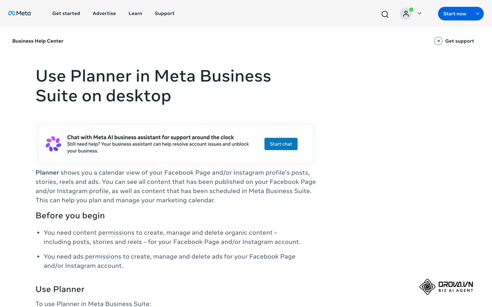 Halaman bantuan rasmi Meta tentang Planner dalam Meta Business Suite pada desktop, yang menerangkan paparan kalendar hantaran Facebook dan Instagram.