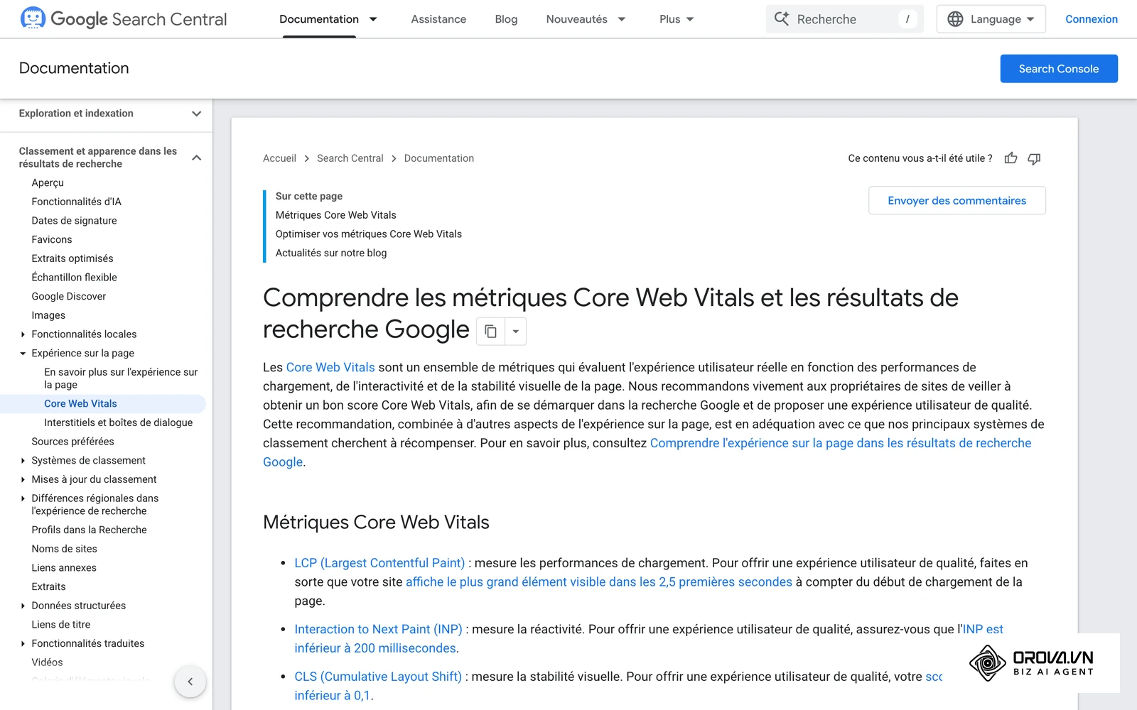 La documentation Google Search Central présente les Core Web Vitals (LCP, INP, CLS) et leurs seuils.