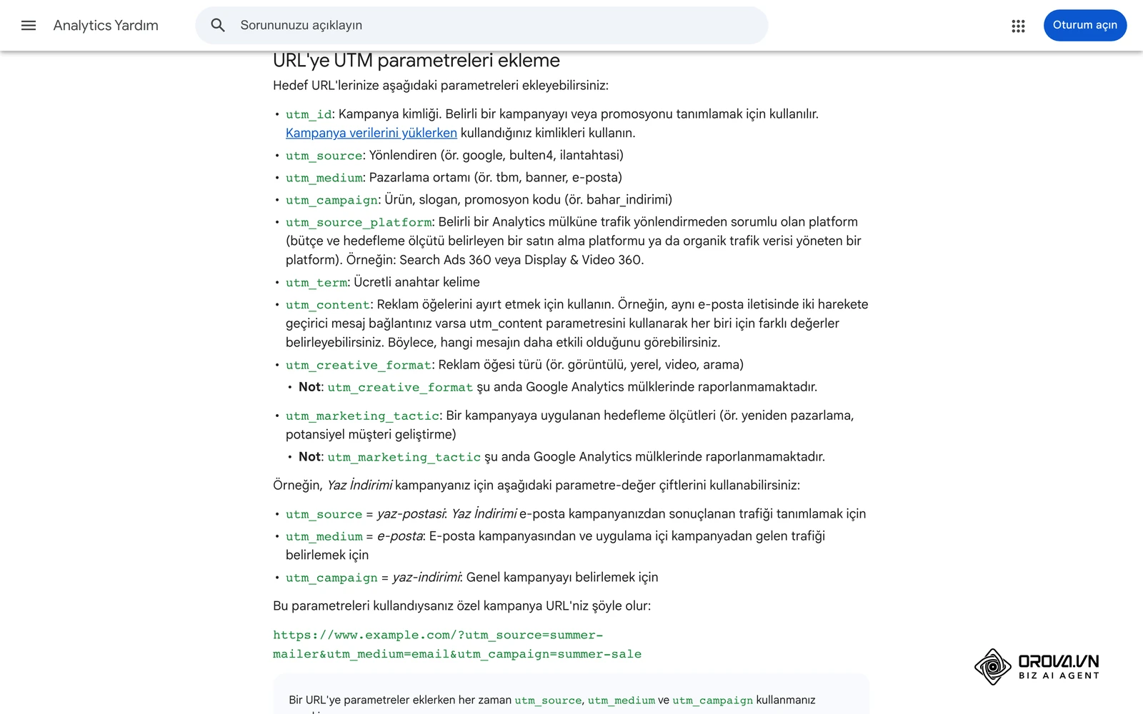 Google Analytics Yardım: URL'ye eklenebilecek UTM parametreleri ve örnek kampanya URL'si.