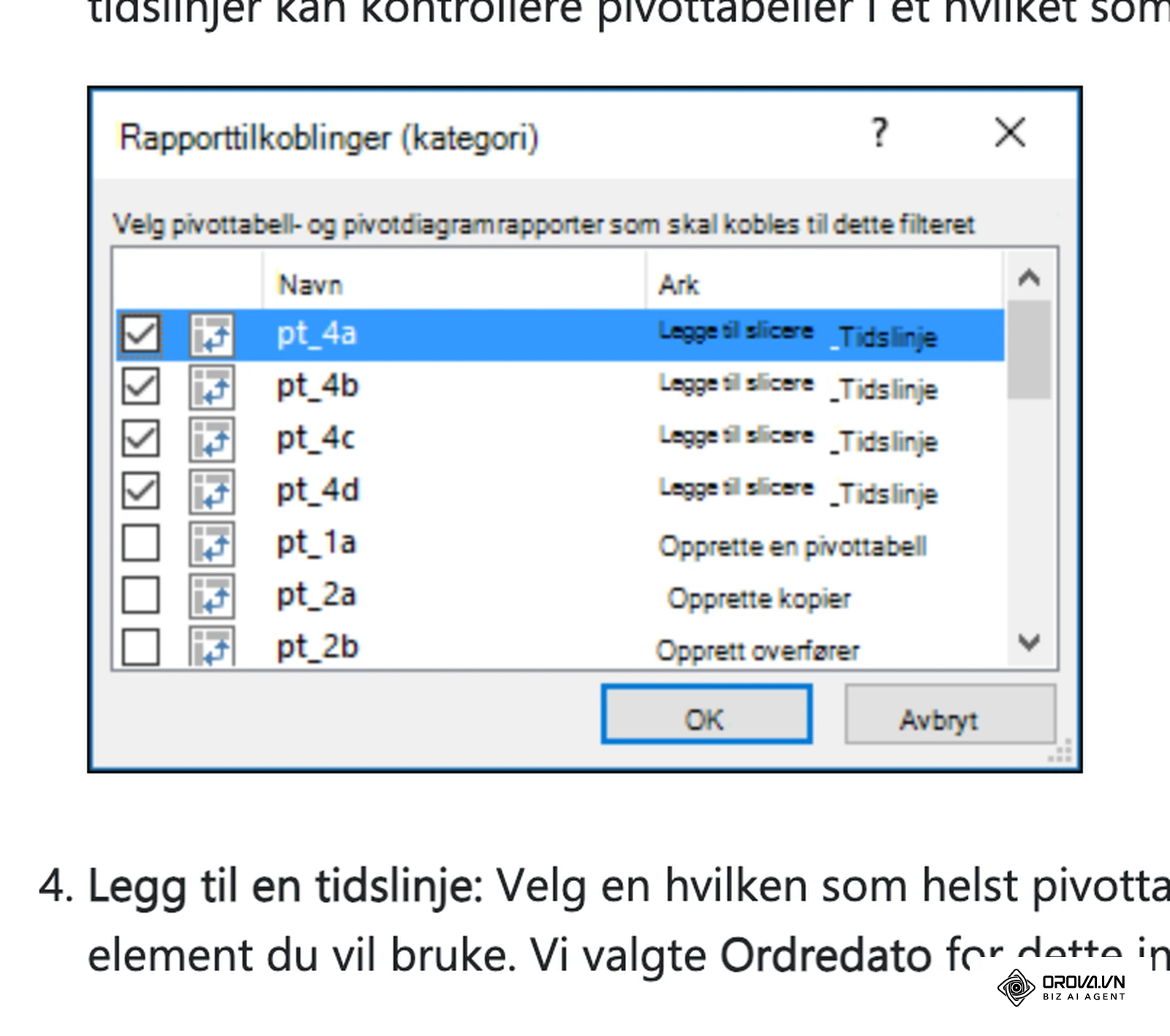 Dialogboksen Rapporttilkoblinger i Excel der ett utsnitt kobles til flere pivottabeller, fra Microsofts dashboard-veiledning.