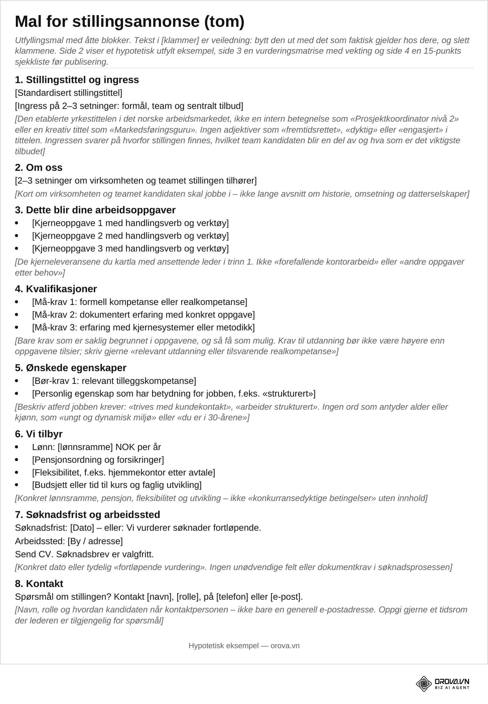 Side 1 i nedlastingsfilen: tom mal for stillingsannonse med åtte blokker, fra stillingstittel og ingress til kontakt, med veiledning i klammer under hver blokk.