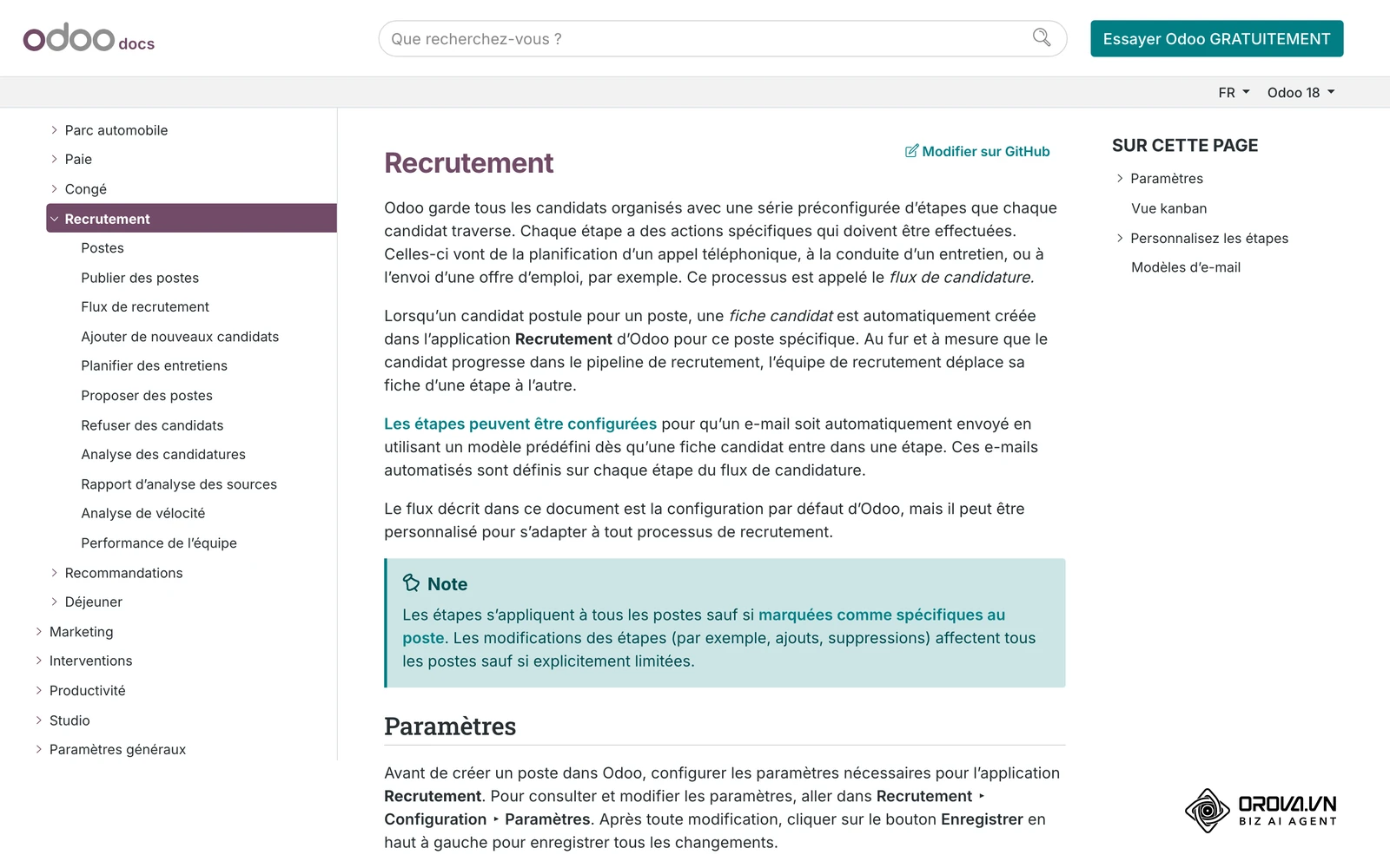 Documentation officielle d'Odoo Recrutement : chaque candidat traverse des étapes préconfigurées (appel, entretien, offre), le flux que le consultant RPO pilote phase par phase.