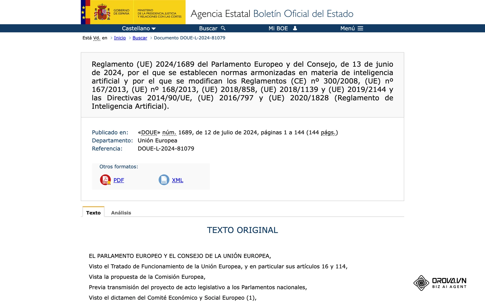 Fitxa del Reglament (UE) 2024/1689 sobre intel·ligència artificial (AI Act) al BOE, a partir del Diari Oficial de la Unió Europea.