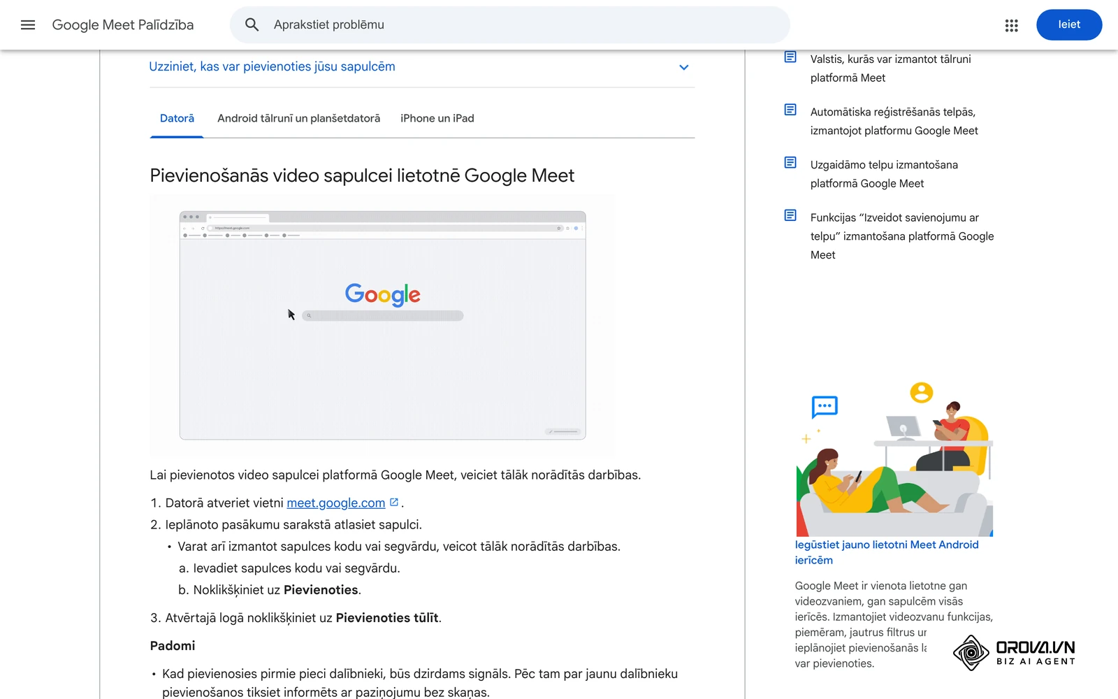 Google Meet palīdzības lapa latviešu valodā: soļi, kā datorā pievienoties video sapulcei, un padomi pirms ienākšanas.