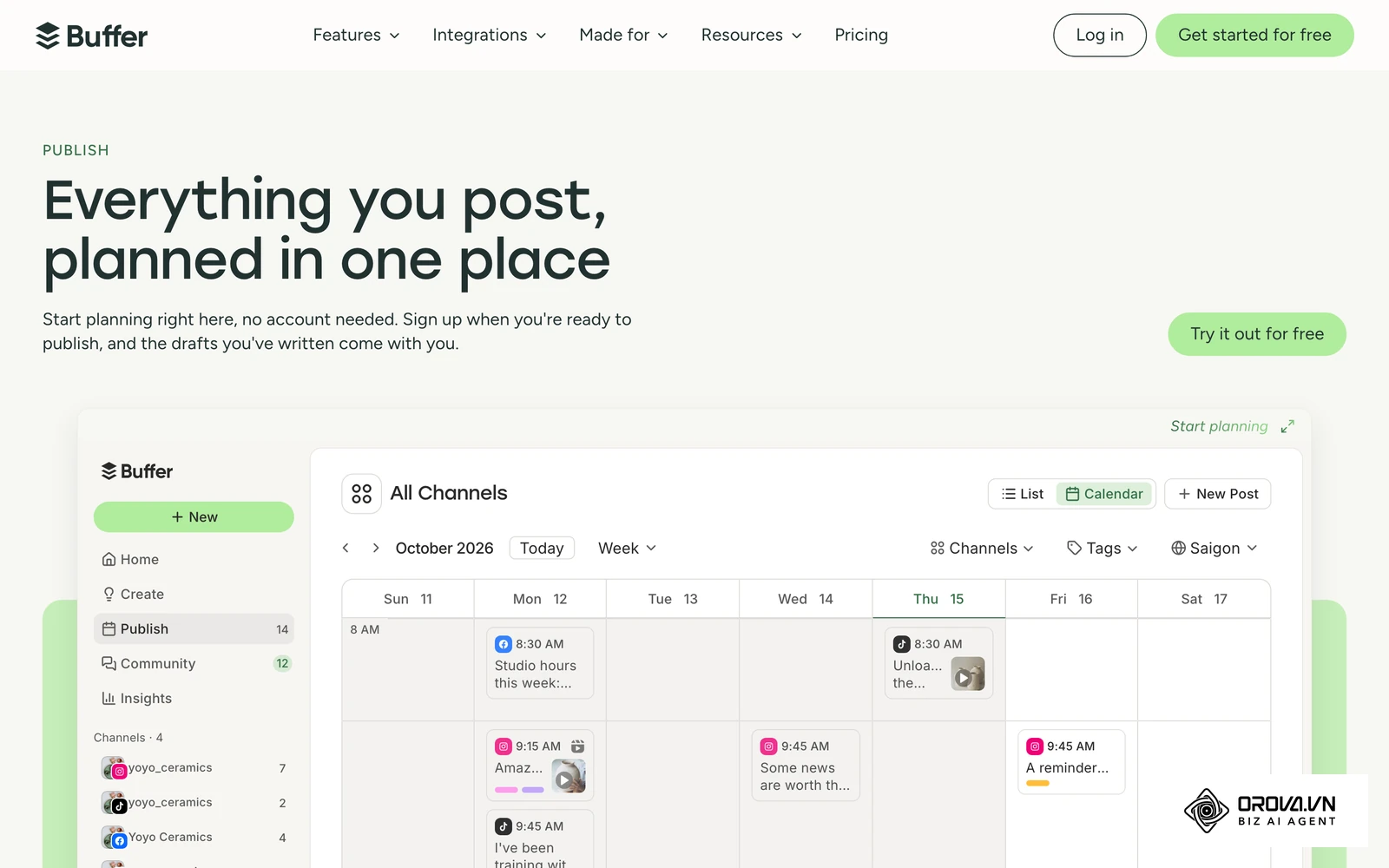 หน้าฟีเจอร์ Publish ของ Buffer แสดงตัวอย่างมุมมองปฏิทินสำหรับวางคิวโพสต์โซเชียลมีเดียล่วงหน้า