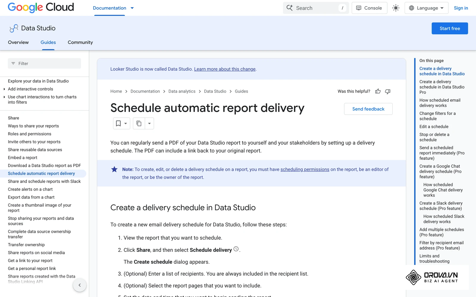 Dokumentasi rasmi Data Studio (bahasa Inggeris): cara mencipta jadual penghantaran laporan melalui menu Share dan Schedule delivery.