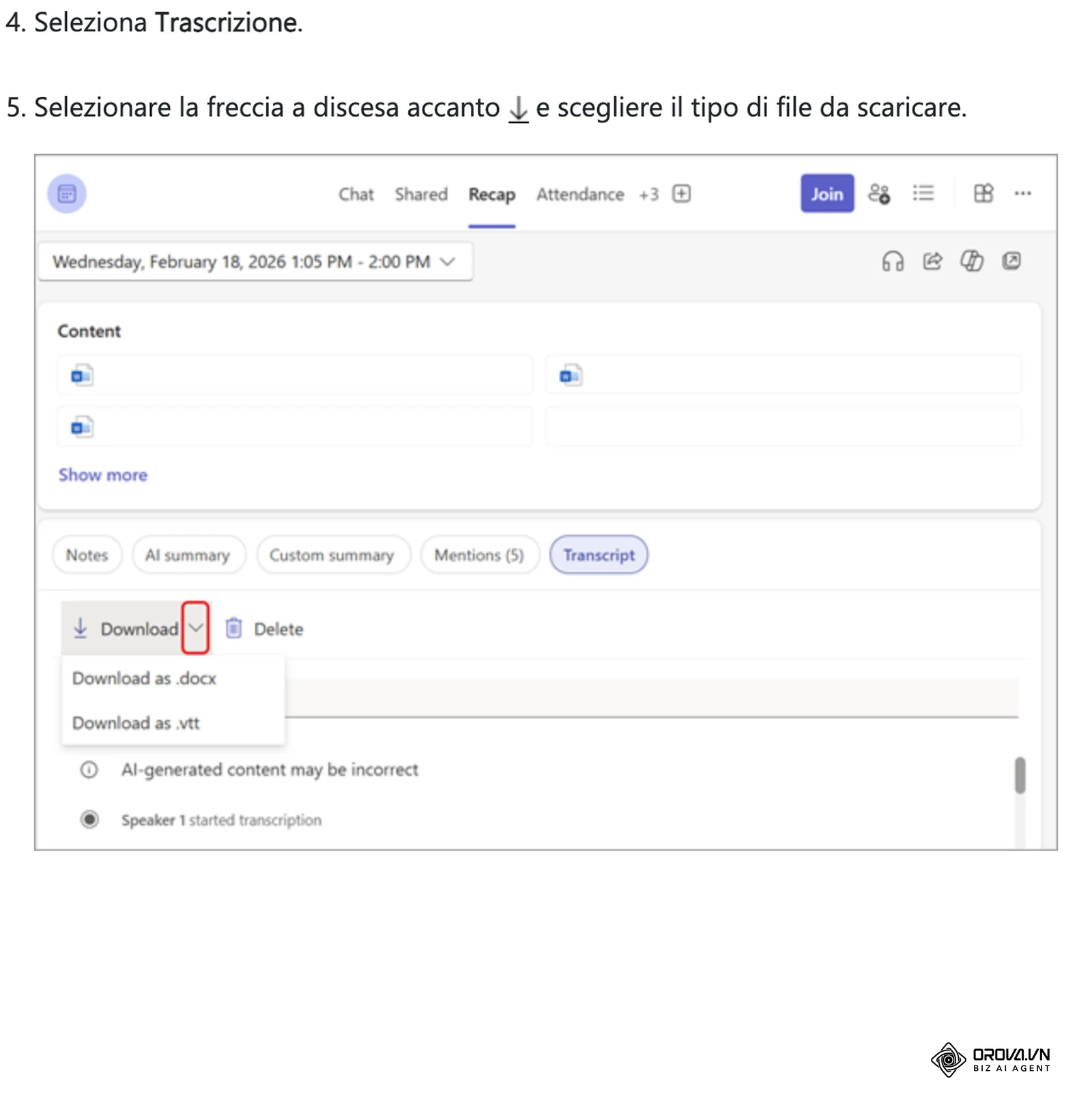 Guida di Microsoft Teams: la scheda Riepilogo di una riunione, con la trascrizione scaricabile.