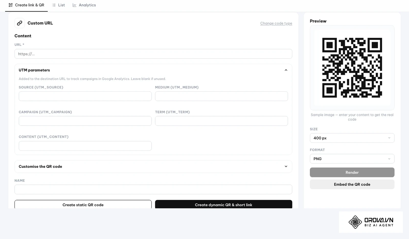Formularen Custom URL under fanen Create link & QR i Orova Link & QR: feltet URL, den åbne sektion UTM parameters med felterne Source, Medium, Campaign, Term og Content, sektionen Customise the QR code, feltet Name og knapperne Create static QR code og Create dynamic QR & short link.