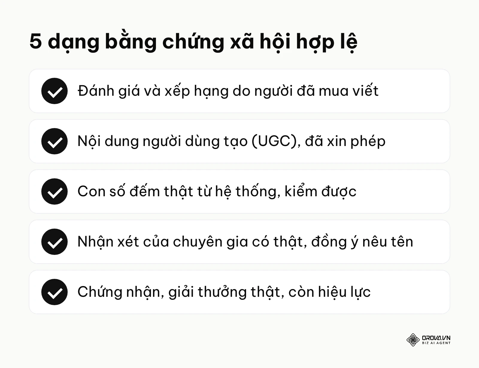 Danh sách 5 dạng bằng chứng xã hội hợp lệ: đánh giá, UGC, con số thật, chuyên gia, chứng nhận.