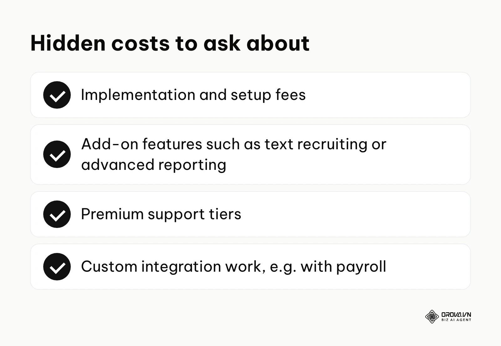 Checklist of hidden applicant tracking software costs: implementation, add-on features, premium support, custom integrations
