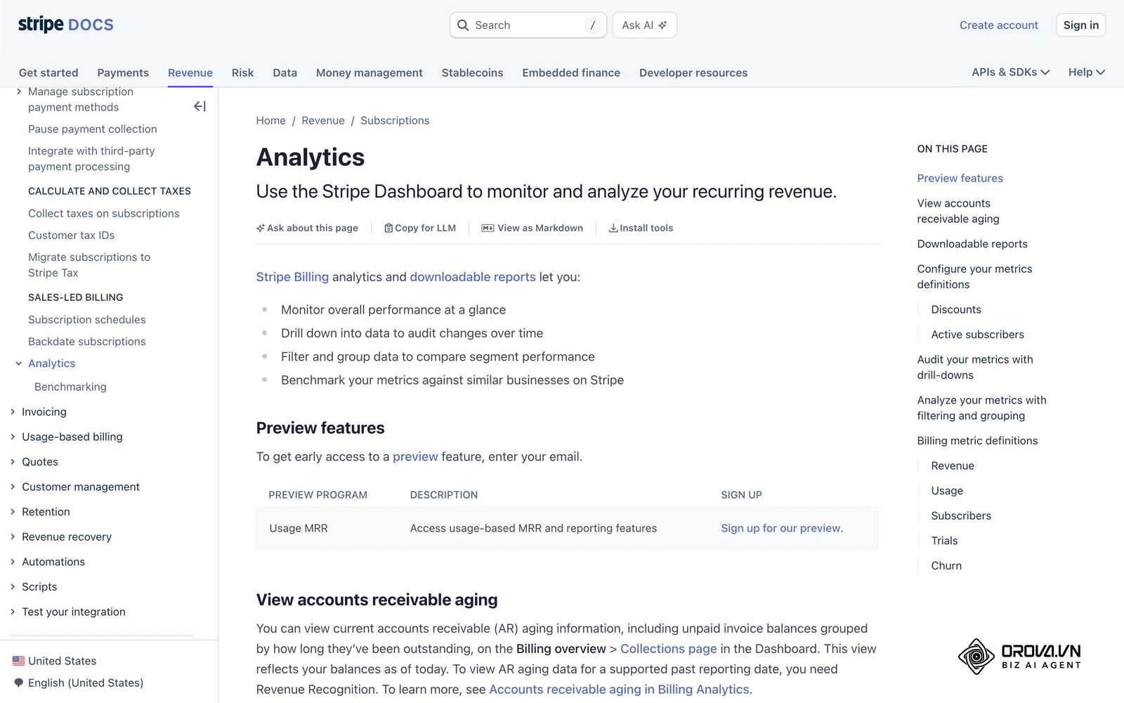 Stripe documentation on subscription analytics such as recurring revenue and churn, the inputs of a historical model.