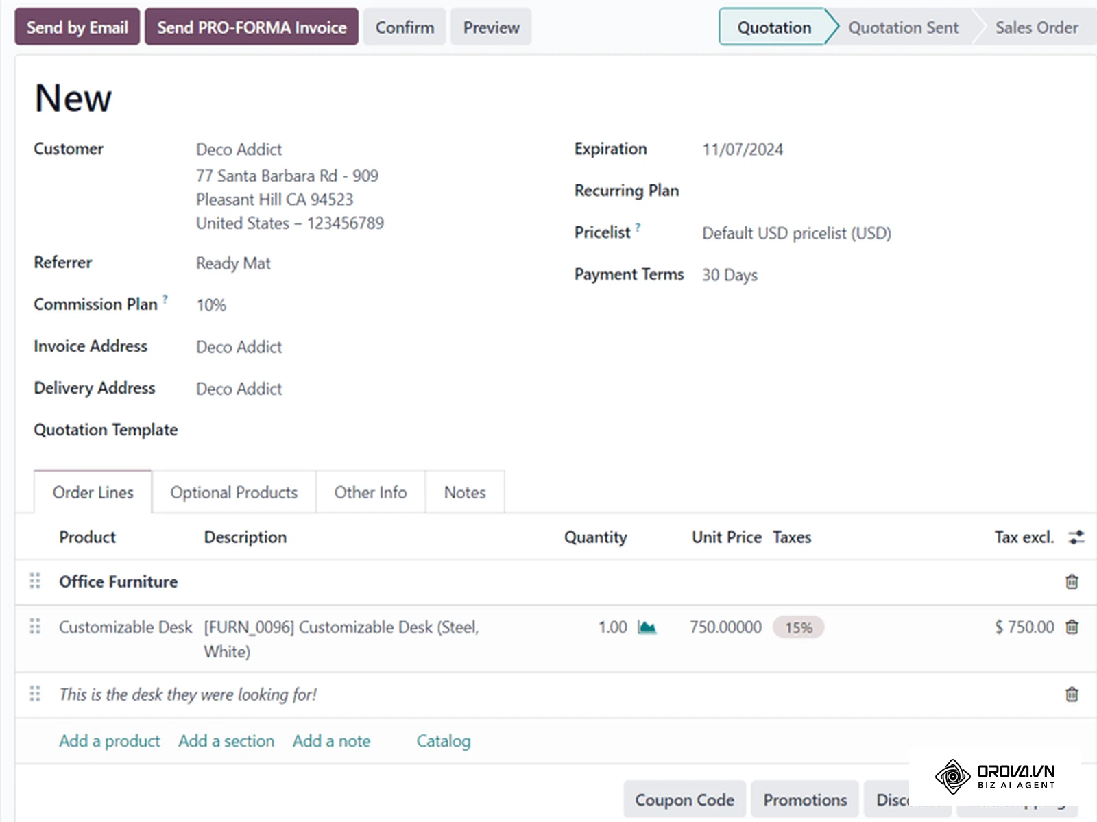 Modulo di preventivo con righe prodotto, imposte e termini di pagamento, dalla documentazione ufficiale di Odoo: è il tipo di schermata da controllare durante la prova.