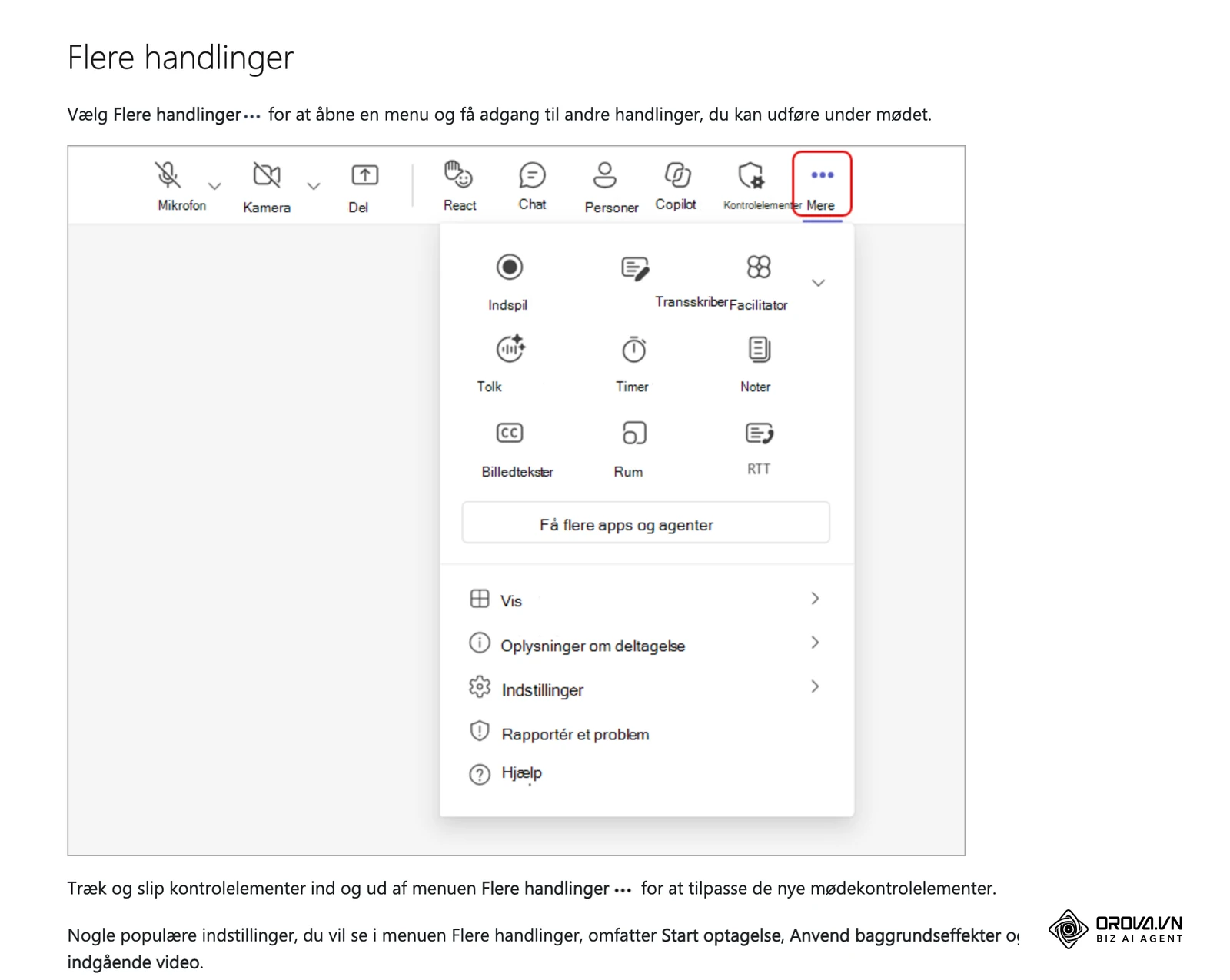 Hjælpeside til Microsoft Teams: mødets kontrollinje med menuen Flere handlinger åben (optagelse, transskription, undertekster, noter).