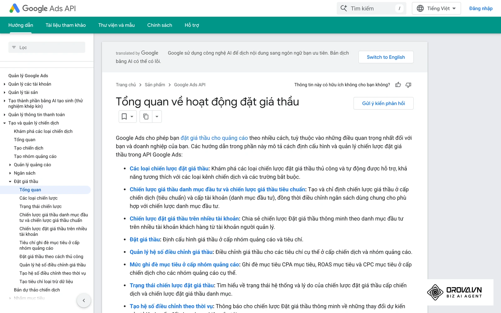 Tài liệu Google Ads về các chiến lược giá thầu, gồm CPA mục tiêu và ROAS mục tiêu.