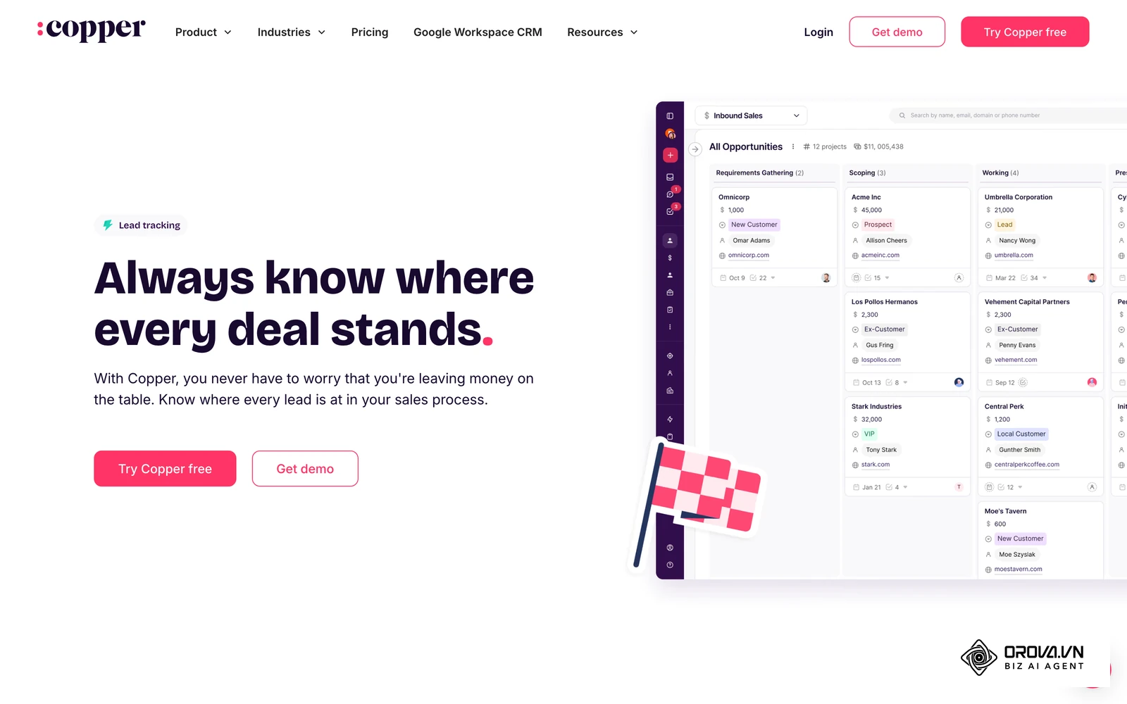 Copper pipeline management feature page showing its deal pipeline board
