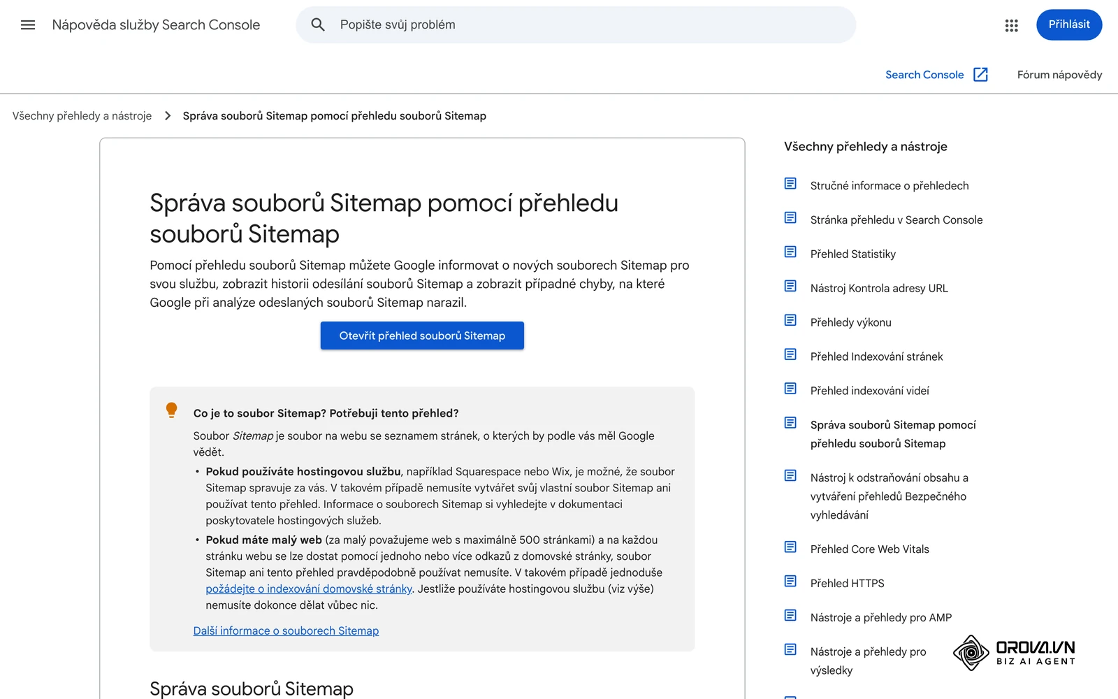 Nápověda Search Console: přehled Soubory Sitemap – sekce Přidat nový soubor Sitemap, tlačítko Odeslat a stavy Úspěch / Nelze načíst.