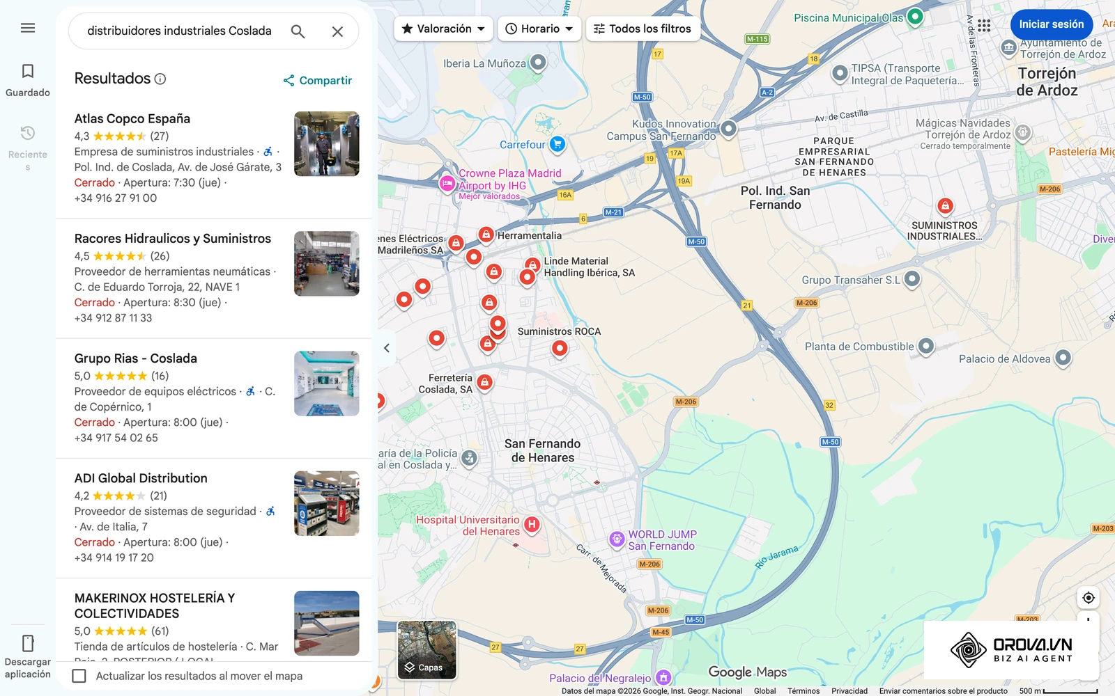 Búsqueda en Google Maps de distribuidores industriales en Coslada (Madrid): cada ficha muestra dirección, web y teléfono publicados por la empresa.