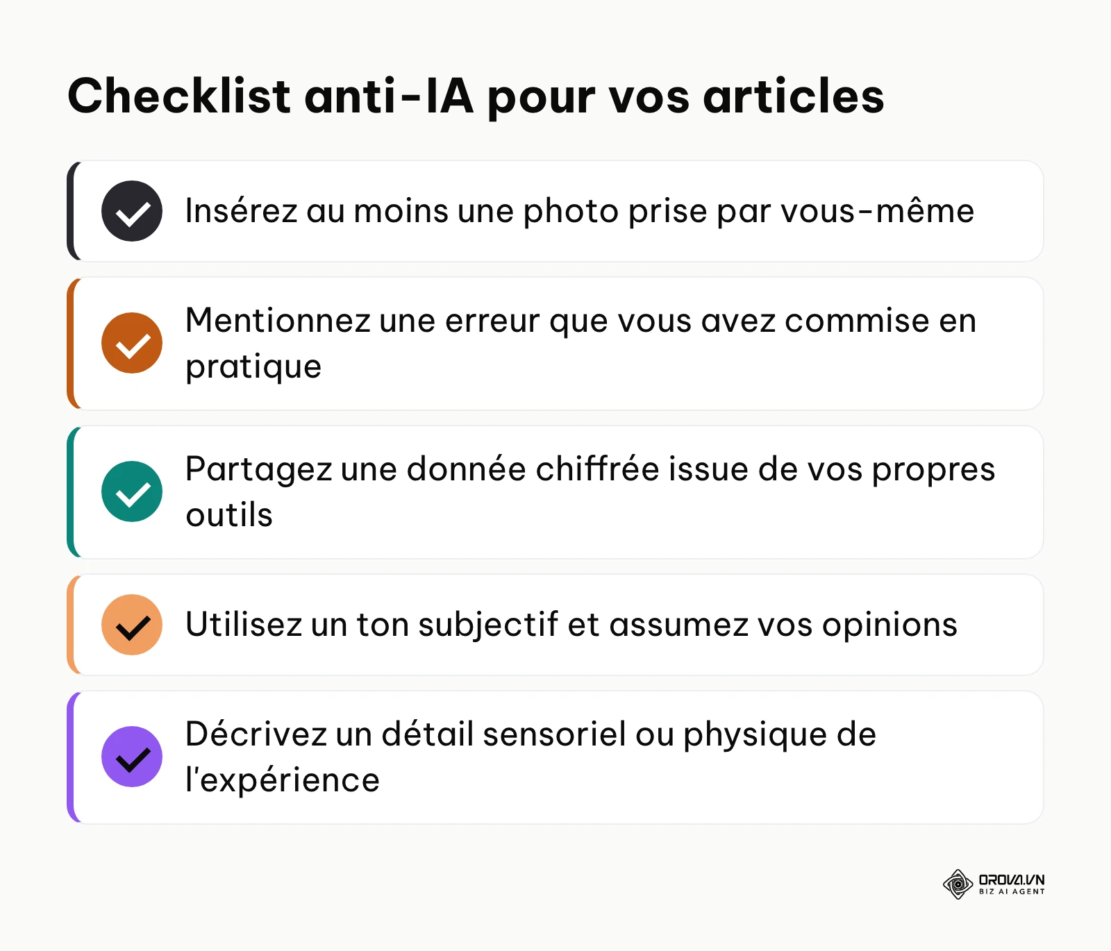 Liste de vérification pour s'assurer qu'un contenu démontre une expérience humaine indéniable face à l'IA.