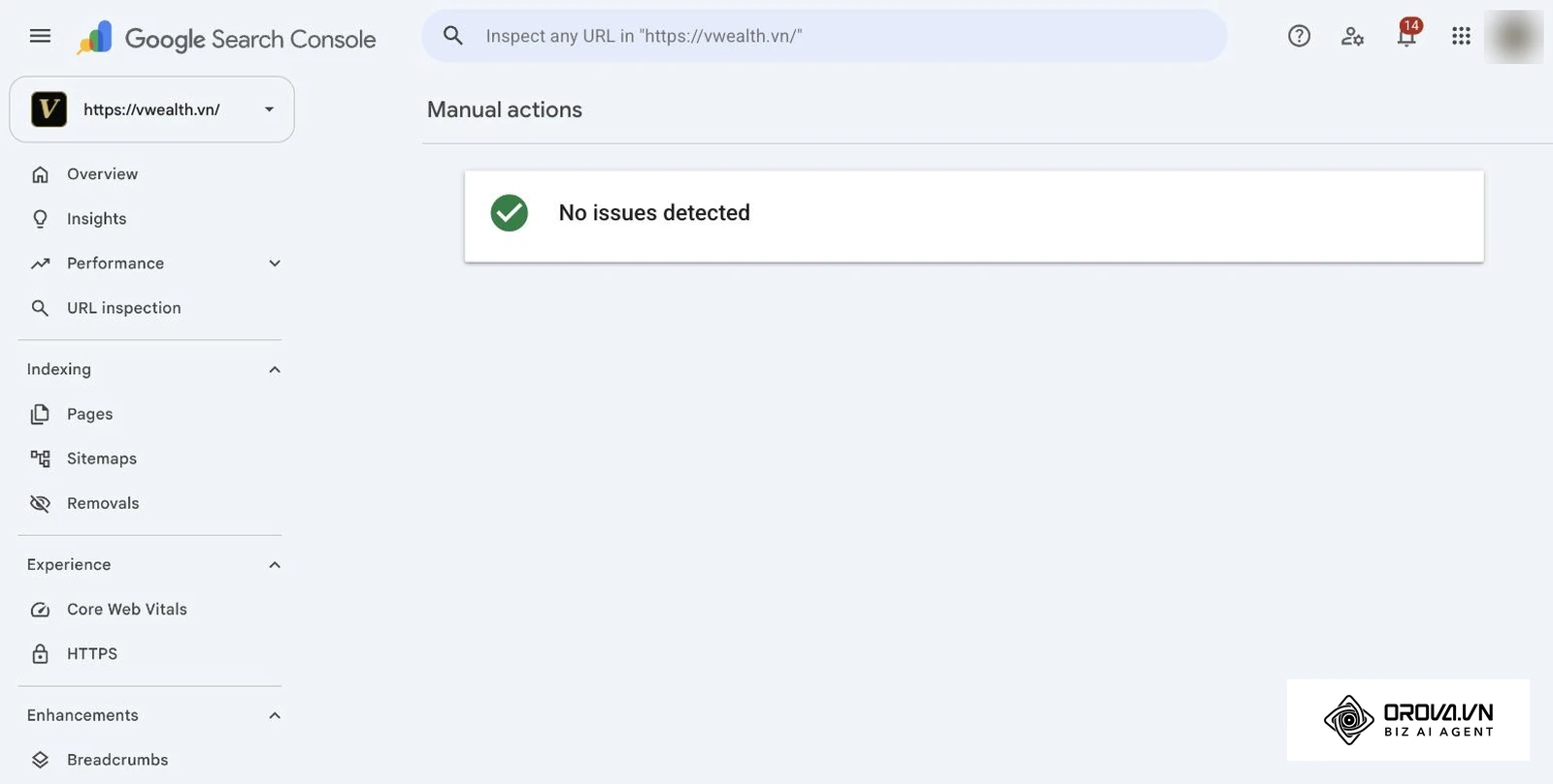 Báo cáo Manual actions (Thao tác thủ công) trong Google Search Console của vwealth.vn hiện No issues detected