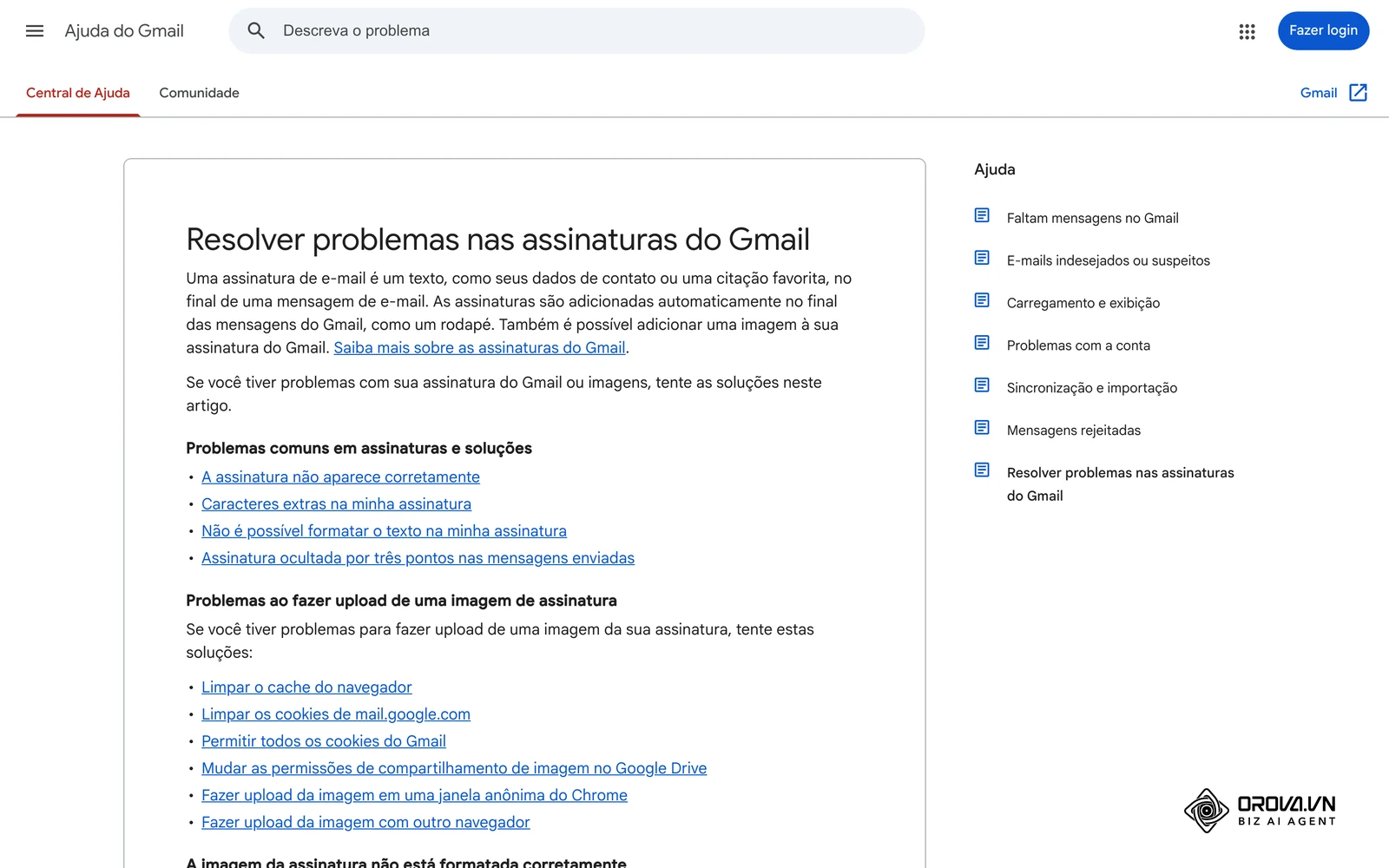 Página oficial de ajuda do Gmail em português sobre problemas de assinatura, incluindo imagens que não aparecem no tamanho certo.