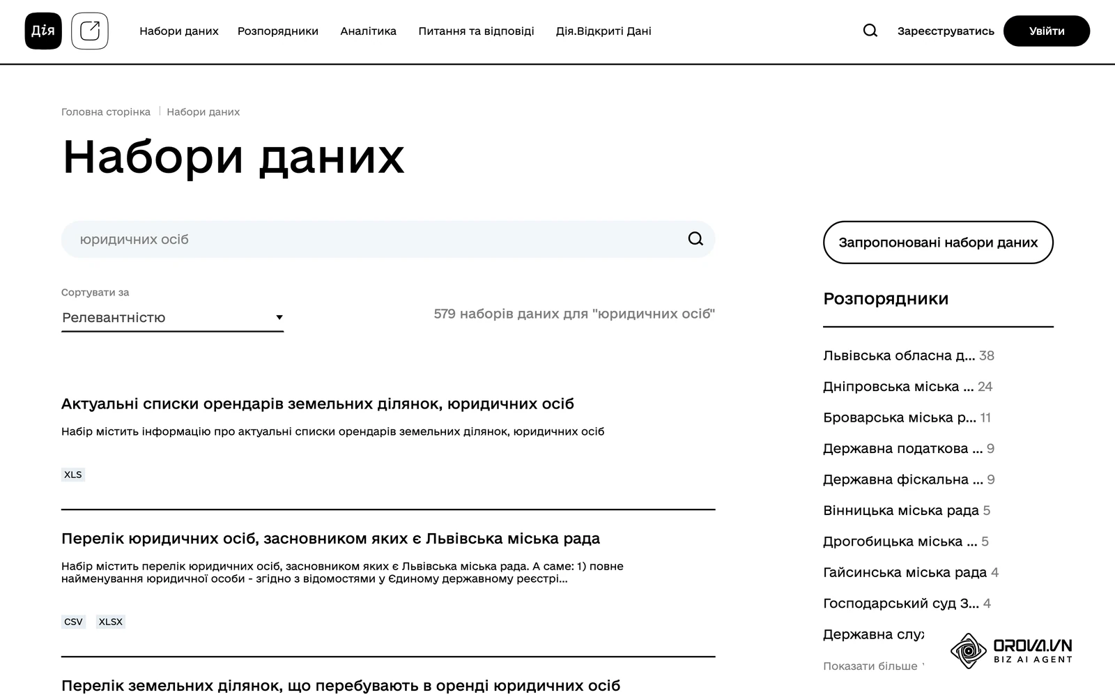 Пошук наборів даних про юридичних осіб на Єдиному державному вебпорталі відкритих даних data.gov.ua.