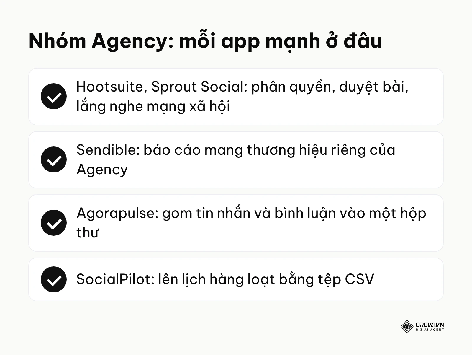 Tóm tắt điểm mạnh của Hootsuite, Sprout Social, Sendible, Agorapulse và SocialPilot