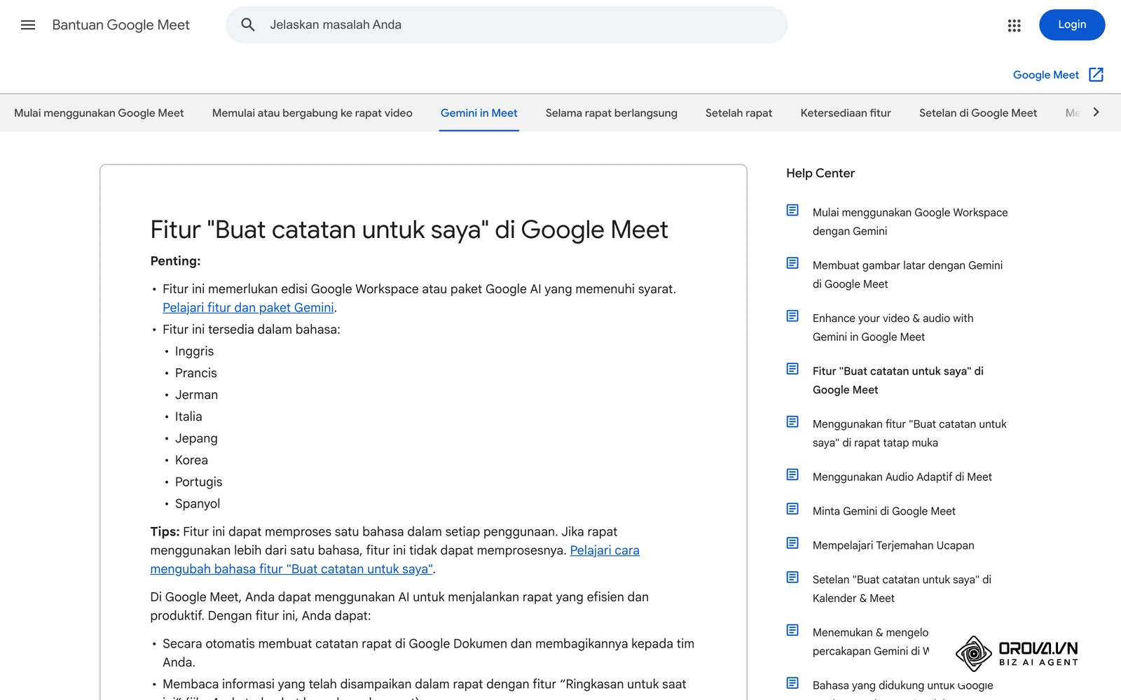 Halaman Bantuan Google Meet tentang "Buat catatan untuk saya": daftar bahasa yang didukung belum mencantumkan bahasa Indonesia (dibaca Oktober 2026).