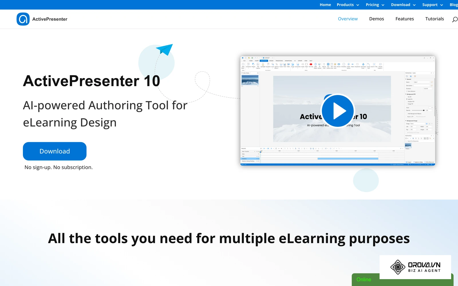 Trang sản phẩm ActivePresenter 10 có ảnh giao diện phần mềm soạn bài giảng e-learning dùng để xuất gói SCORM.