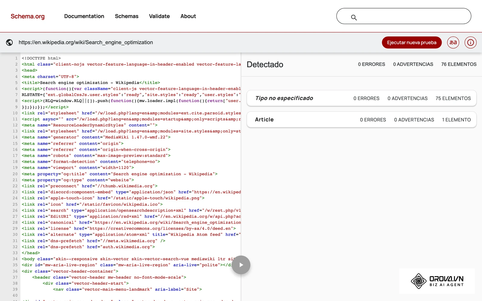 Schema Markup Validator analizando una página real: 0 errores, 0 advertencias y el tipo Article detectado.