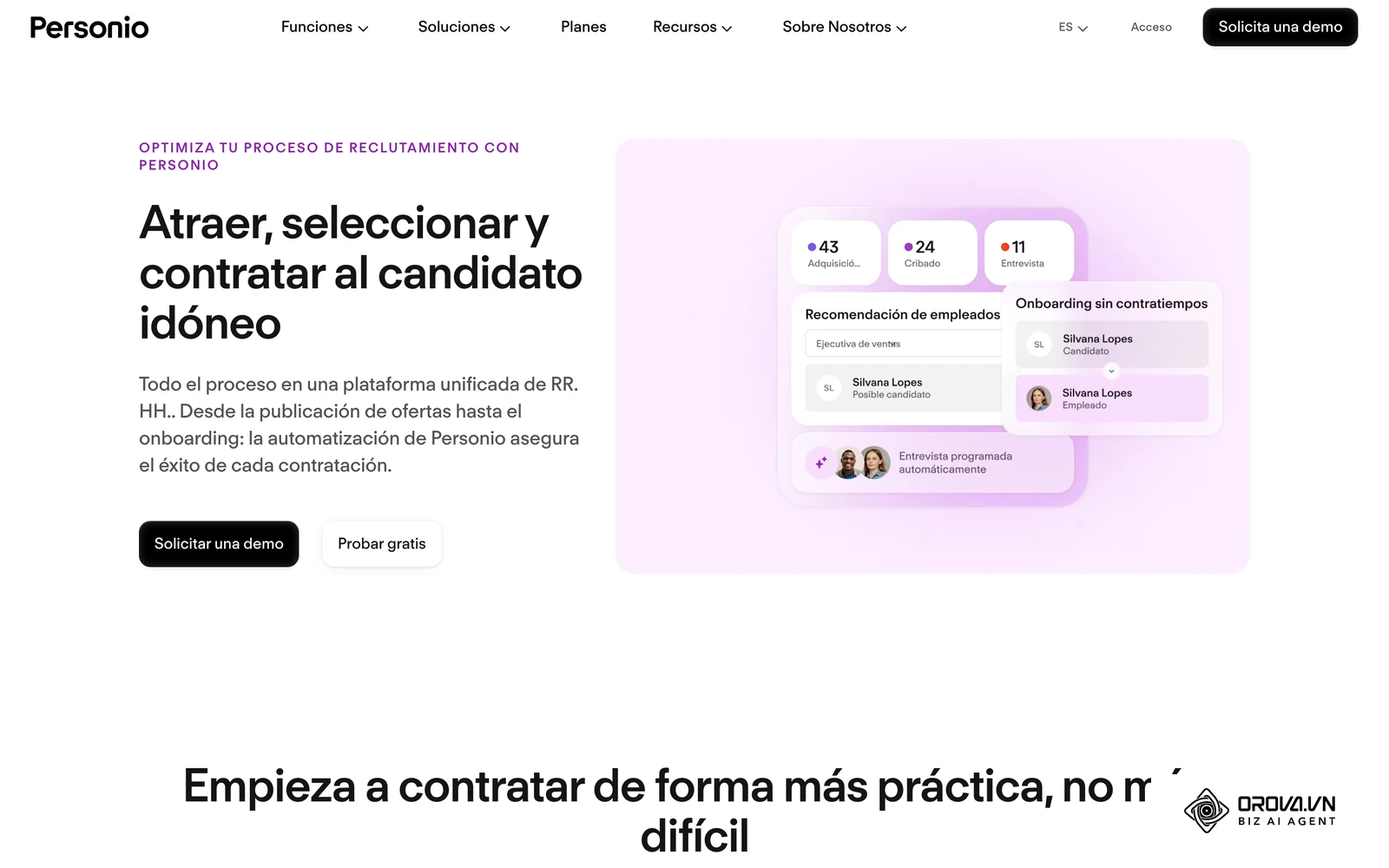 Página de reclutamiento de Personio en español: el panel de su ATS muestra candidatos por etapa (adquisición, cribado y entrevista) y una entrevista programada.
