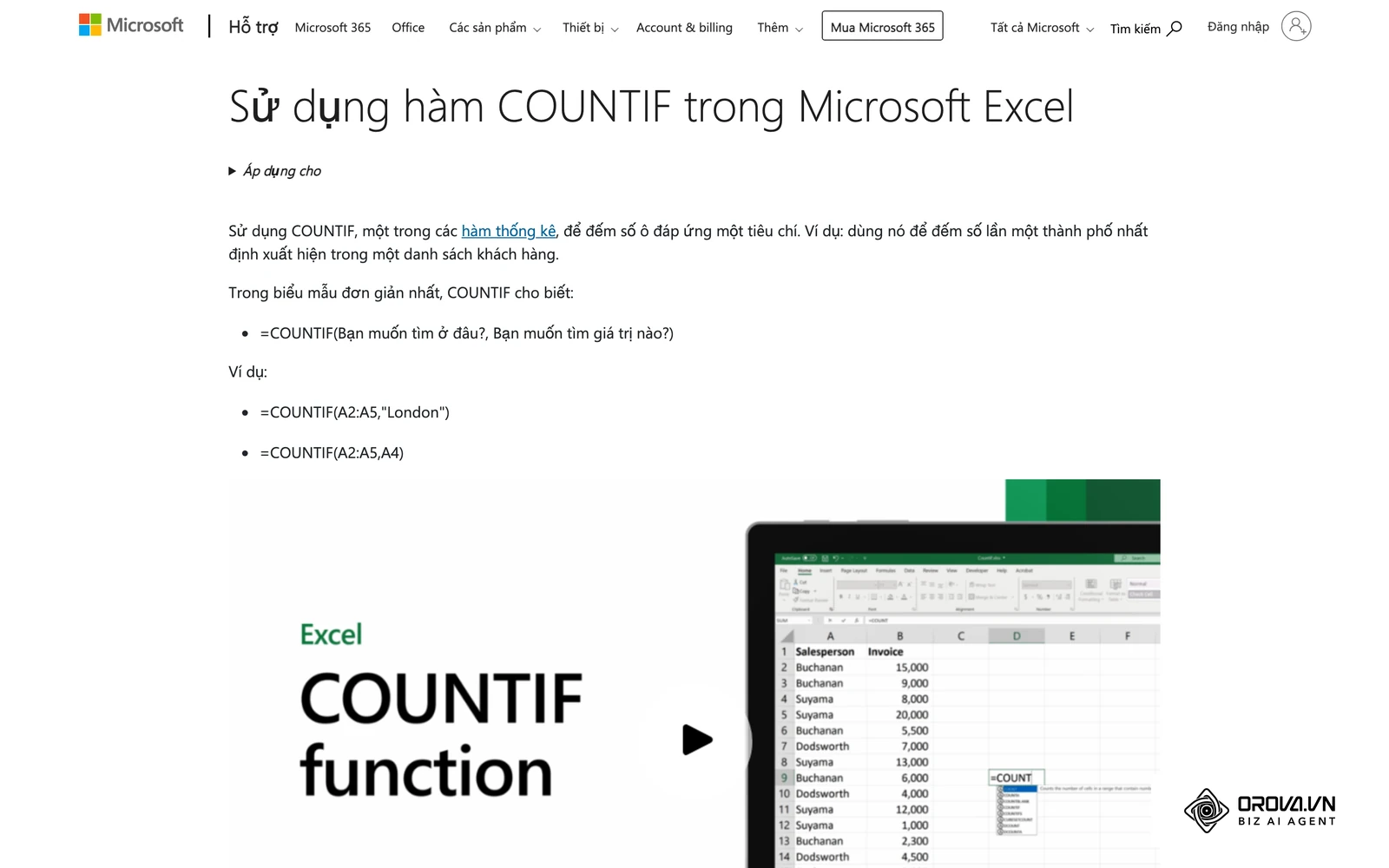 Trang hướng dẫn hàm COUNTIF của Microsoft Support, hàm dùng để đếm ký hiệu X, T, P trong bảng chấm công.