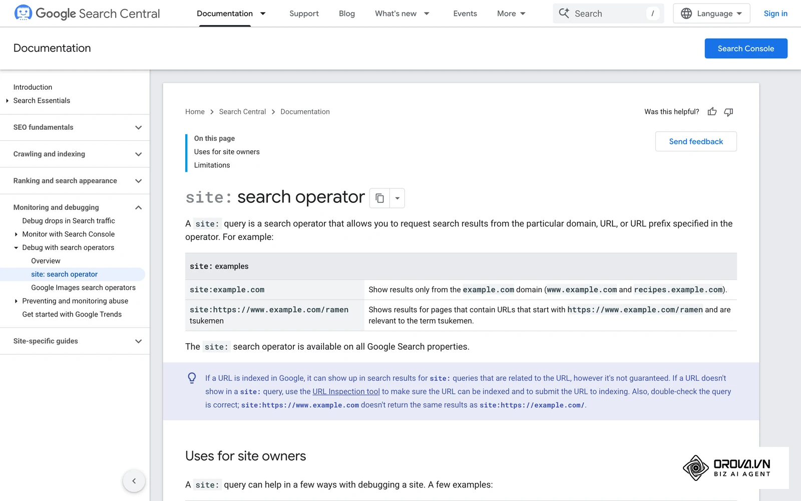 Google's documentation of the site: operator, the starting point of a zero-budget site map of a rival.