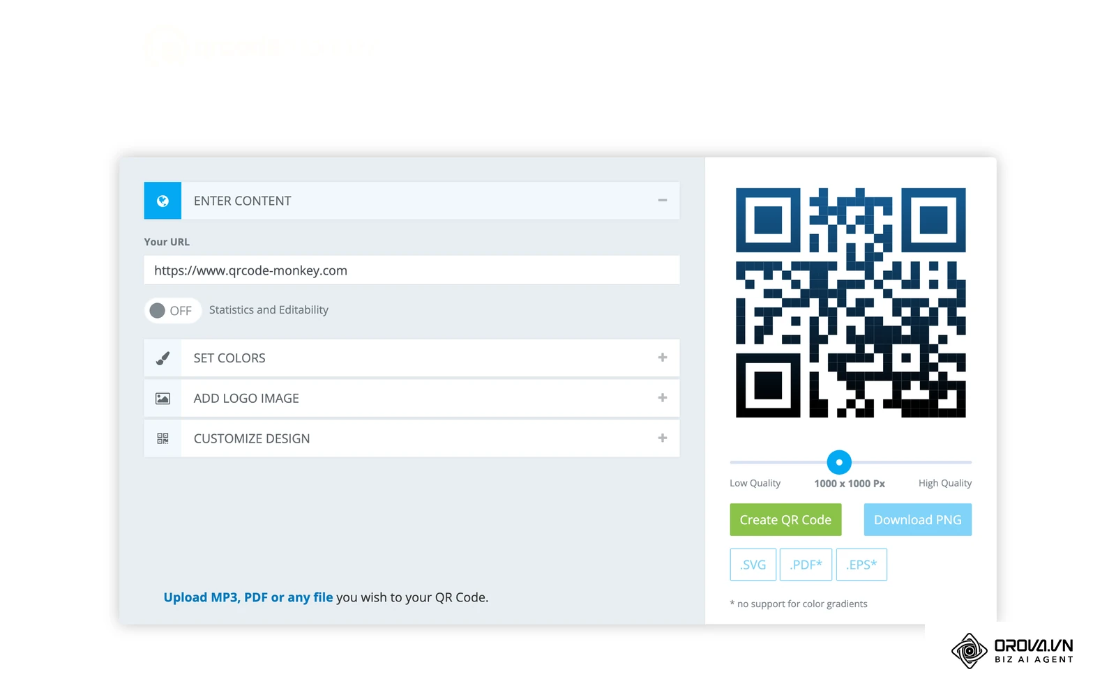 หน้าเครื่องมือสร้างคิวอาร์โค้ด QRCode Monkey แสดงตัวอย่าง QR Code จริง พร้อมช่องวาง URL ตัวเลือกปรับสีและใส่โลโก้ตรงกลาง