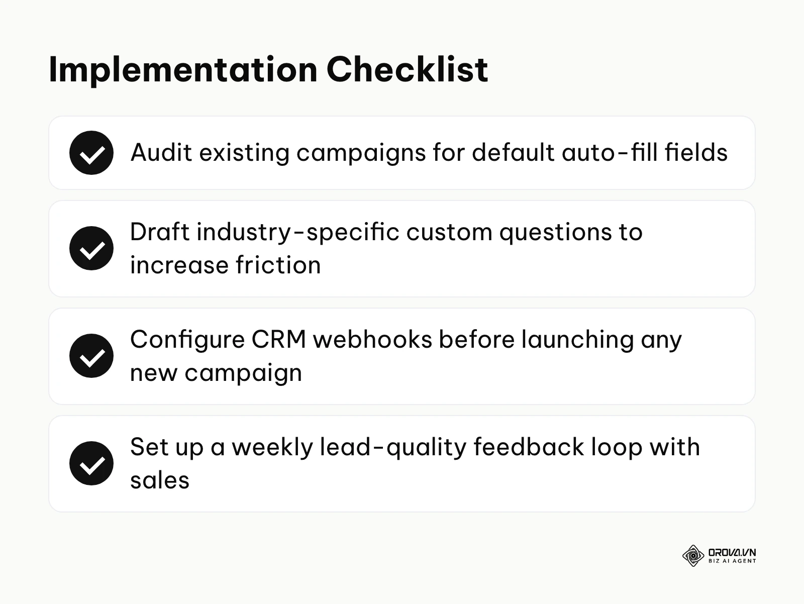 Checklist summarizing the essential implementation steps for a new campaign