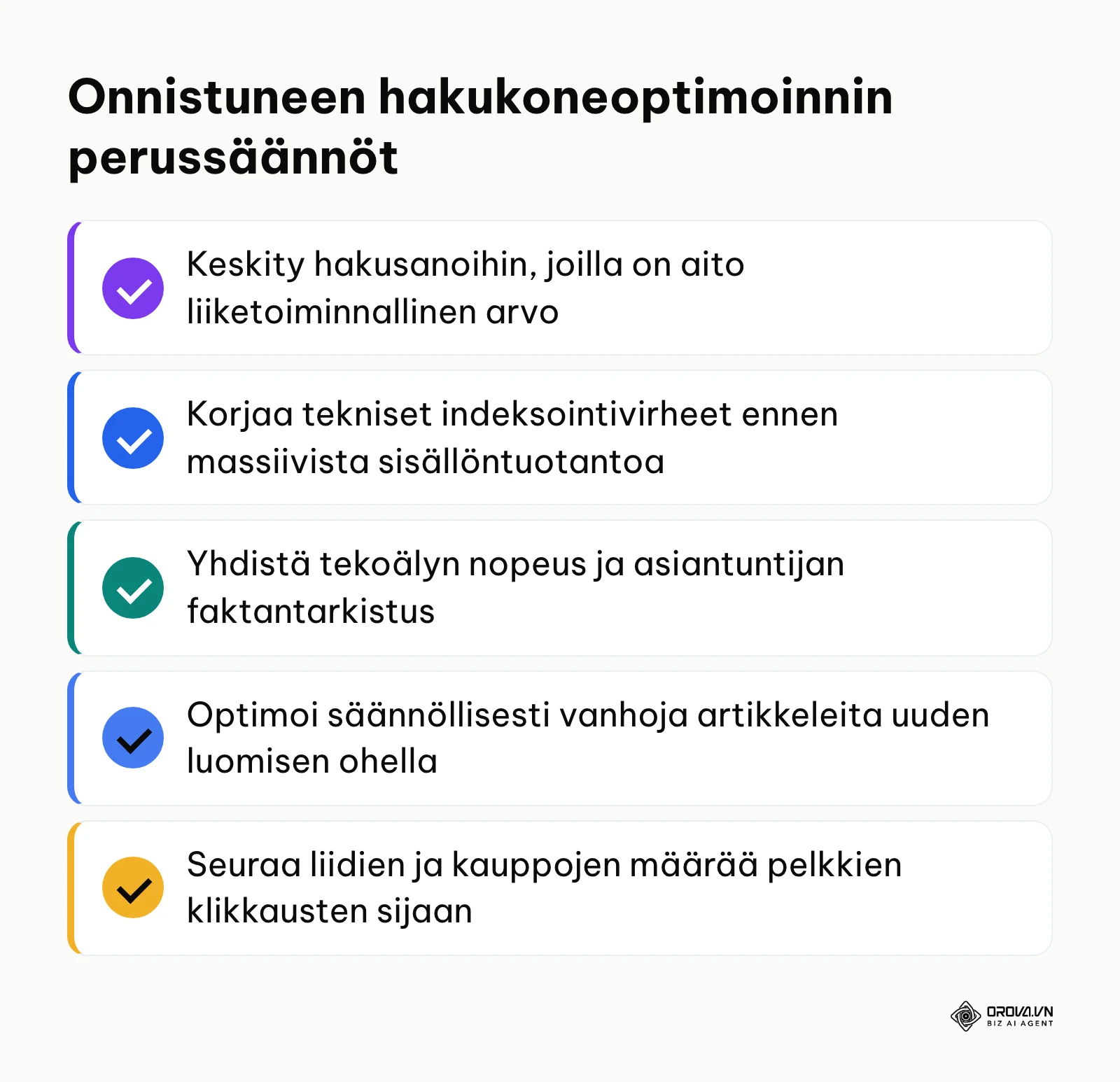 Yhteenveto hakukoneoptimoinnin tärkeimmistä menestystekijöistä ja säännöistä.