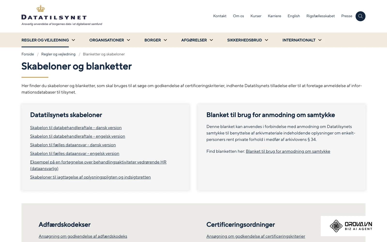 Datatilsynets side med blanketter og skabeloner, hvor du finder skabelonen til databehandleraftale på dansk.