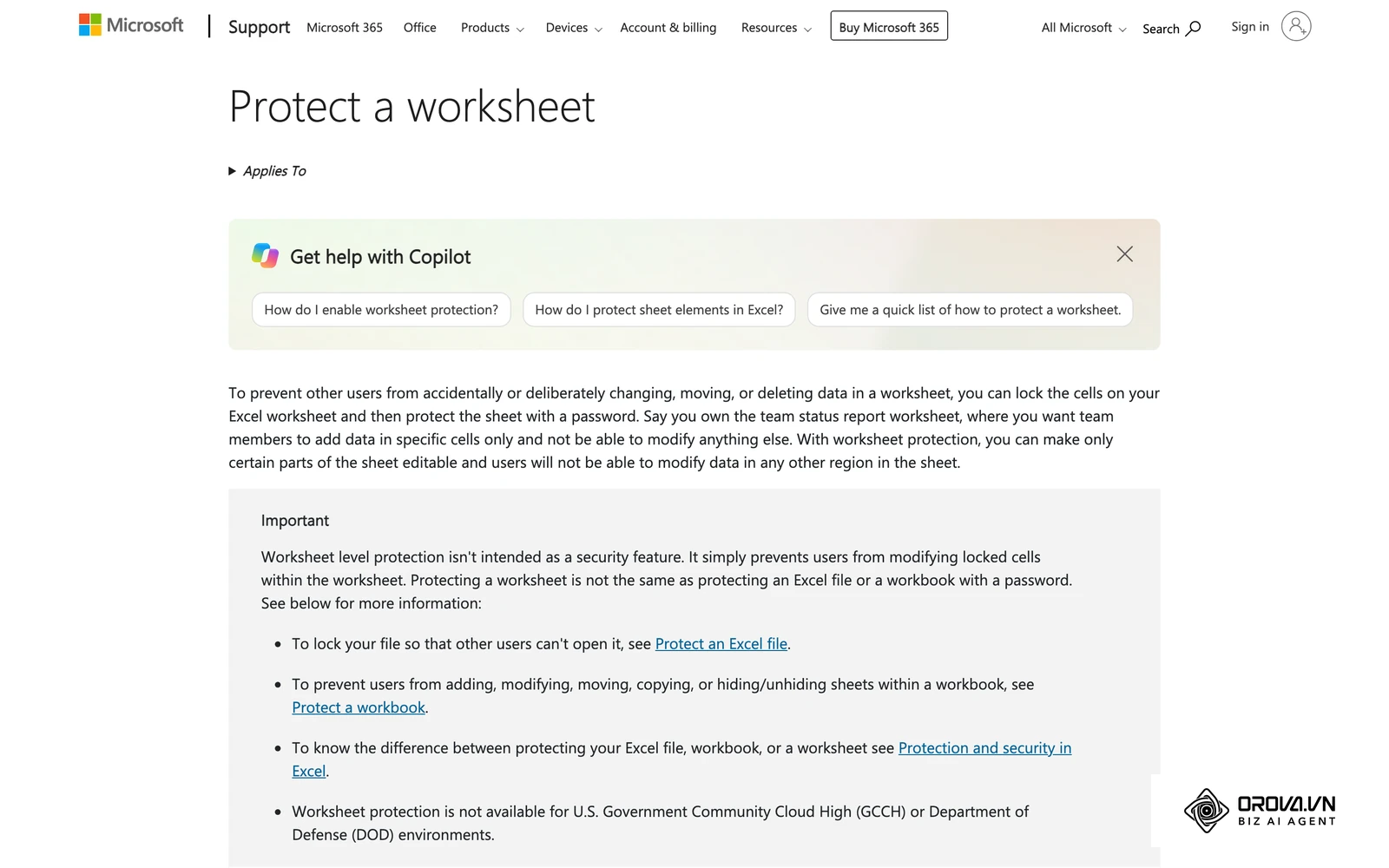 Halaman bantuan Microsoft tentang Protect Sheet, digunakan untuk mengunci sel formula fail kehadiran sebelum dikongsi.