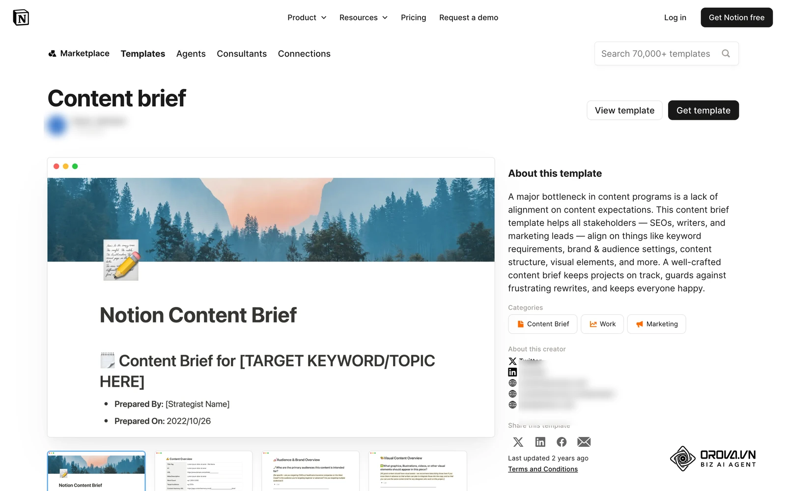 គំរូ Content brief សាធារណៈនៅក្នុងបណ្ណាល័យគំរូផ្លូវការរបស់ Notion ដែលមានពាក្យគន្លឹះគោលដៅ អ្នករៀបចំ កាលបរិច្ឆេទ និងផ្នែកអ្នកអាន រចនាសម្ព័ន្ធ និងរូបភាព